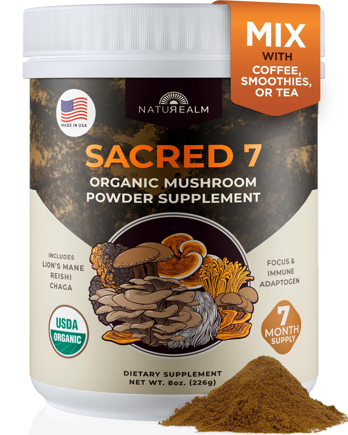 Naturealm Sacred 7 container on counter supports daily focus and wellness.