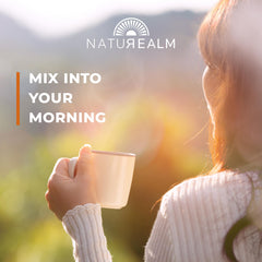 Naturealm Sacred 7 measuring scoop beside mug for easy daily dosing.