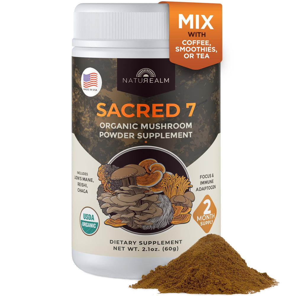 Naturealm Sacred 7 powder tub for daily wellness and blending versatility.
