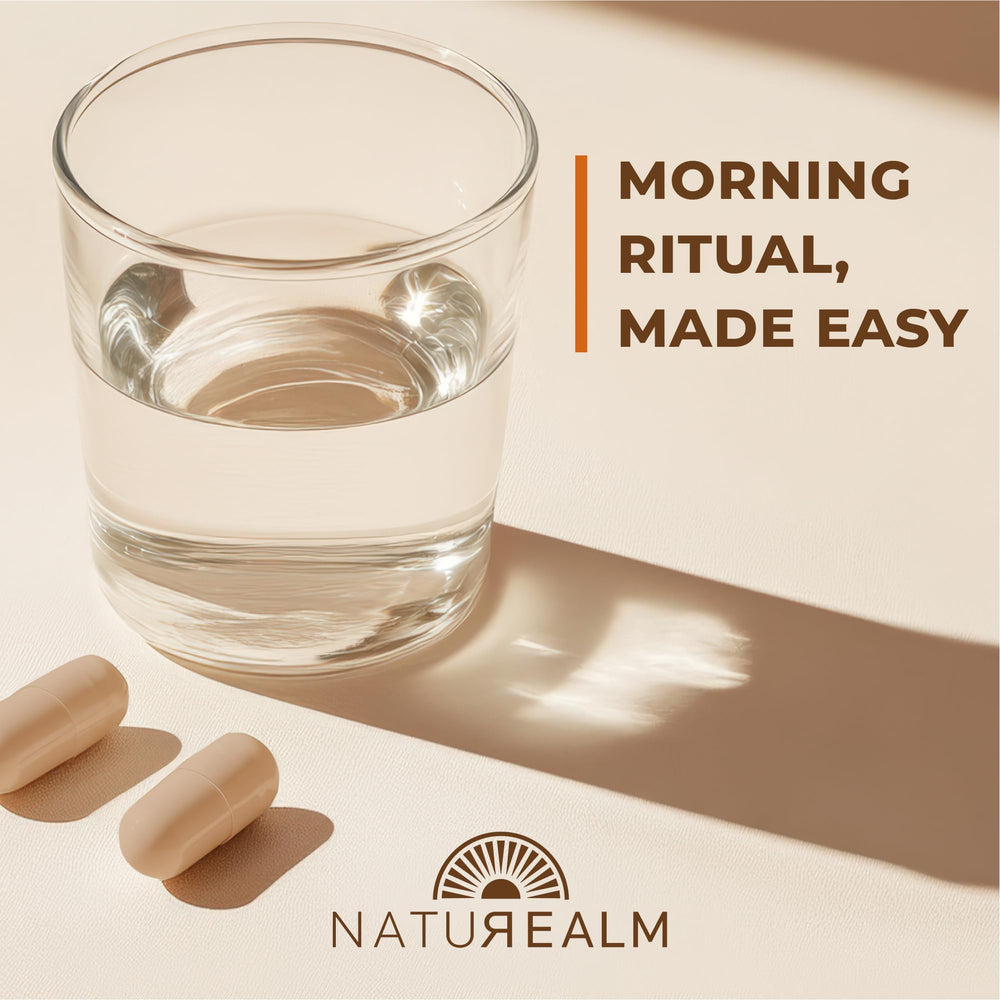 Naturealm Sacred7 pouring capsules demonstrates easy daily intake for focus and energy.