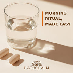 Naturealm Sacred7 pouring capsules demonstrates easy daily intake for focus and energy.
