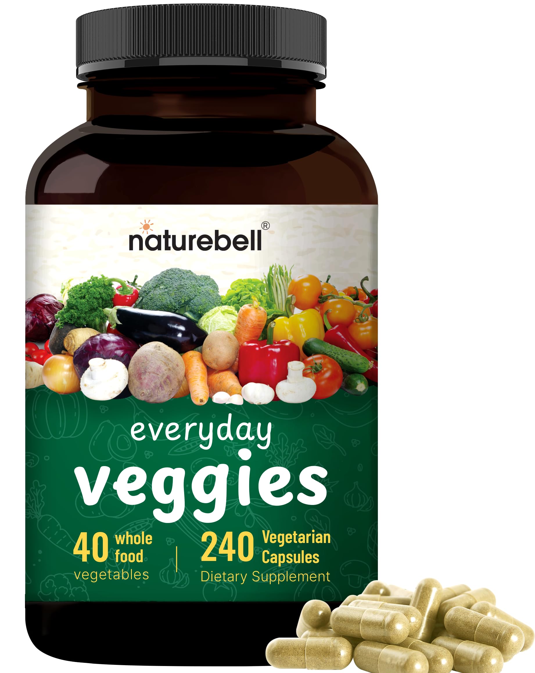 NatureBell 40-vegetable blend capsules showcase leafy greens for everyday wellness.