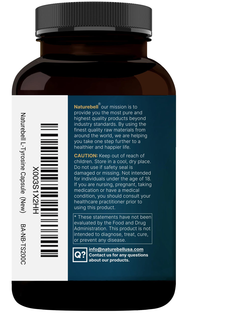 NatureBell L-Tyrosine bottle with allergen-free icons.