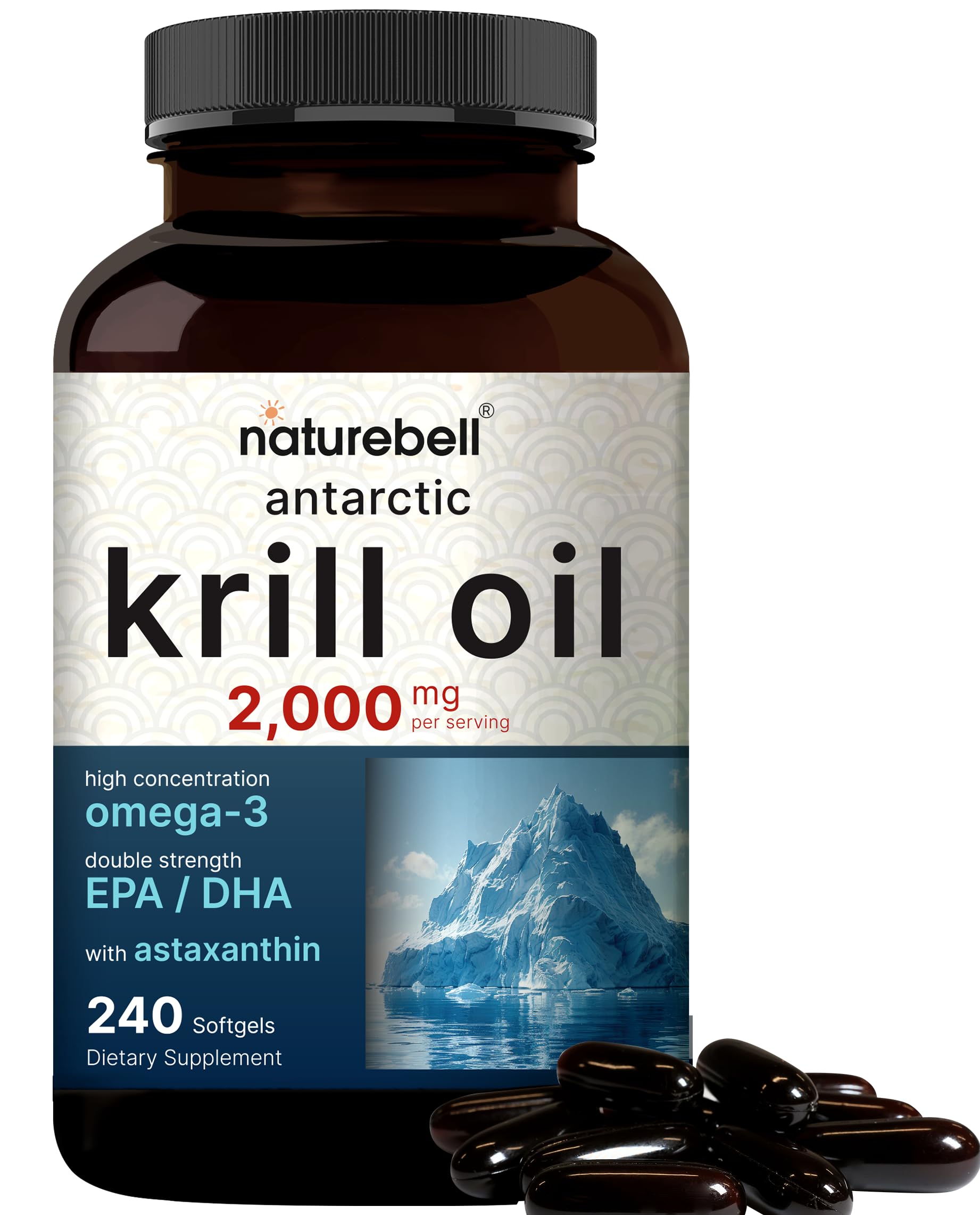 NatureBell Antarctic Krill Oil bottle on counter, premium omega-3 source
