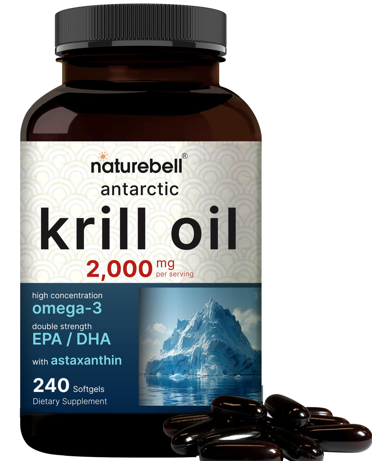 NatureBell Antarctic Krill Oil bottle on counter, premium omega-3 source