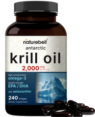 NatureBell Antarctic Krill Oil bottle on counter, premium omega-3 source