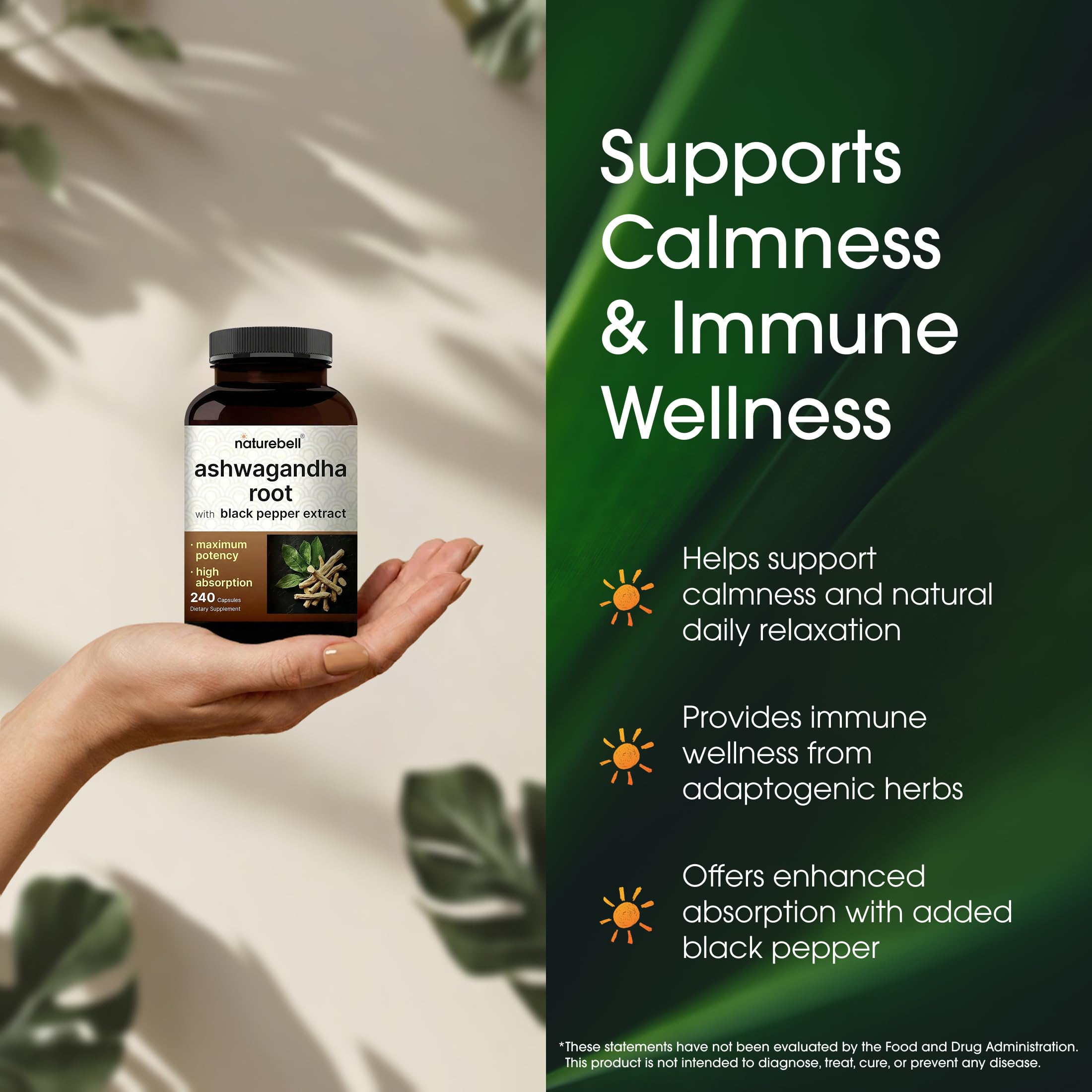 NatureBell Ashwagandha capsules on a spoon illustrating dosage for daily use.