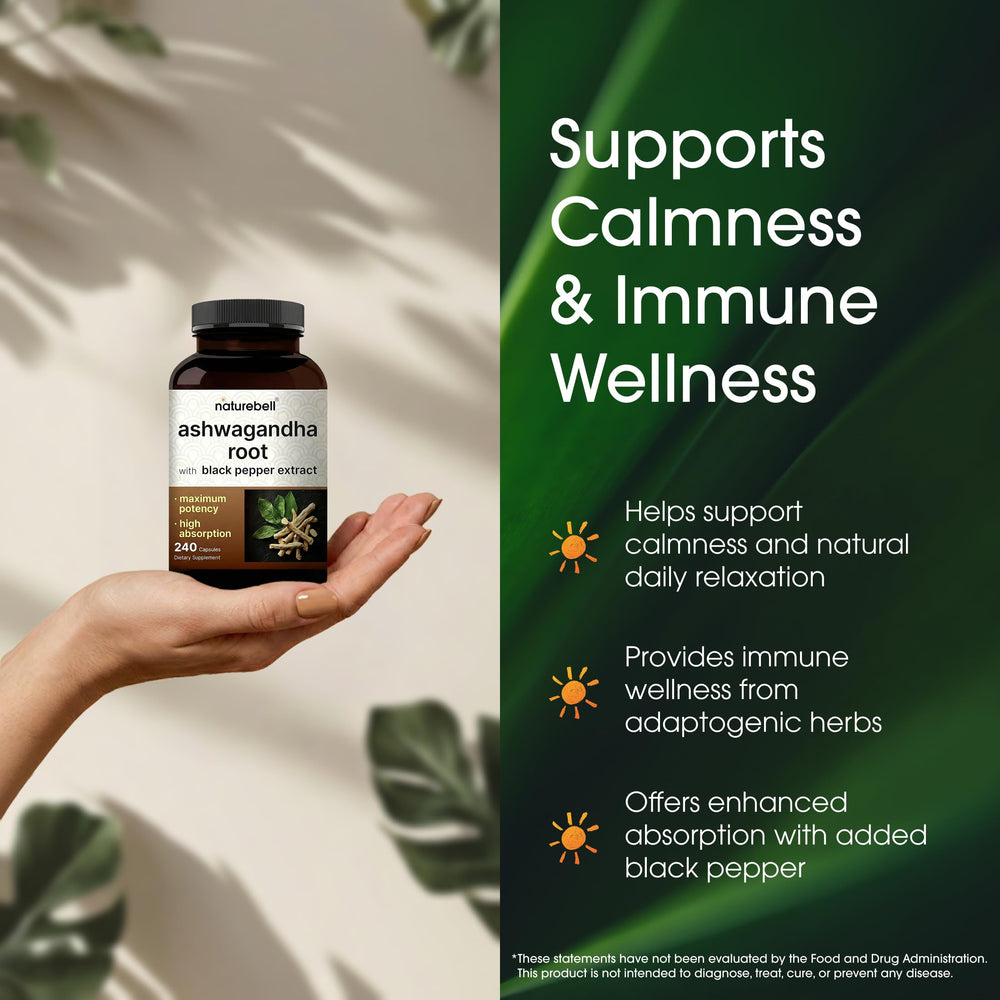 NatureBell Ashwagandha capsules on a spoon illustrating dosage for daily use.