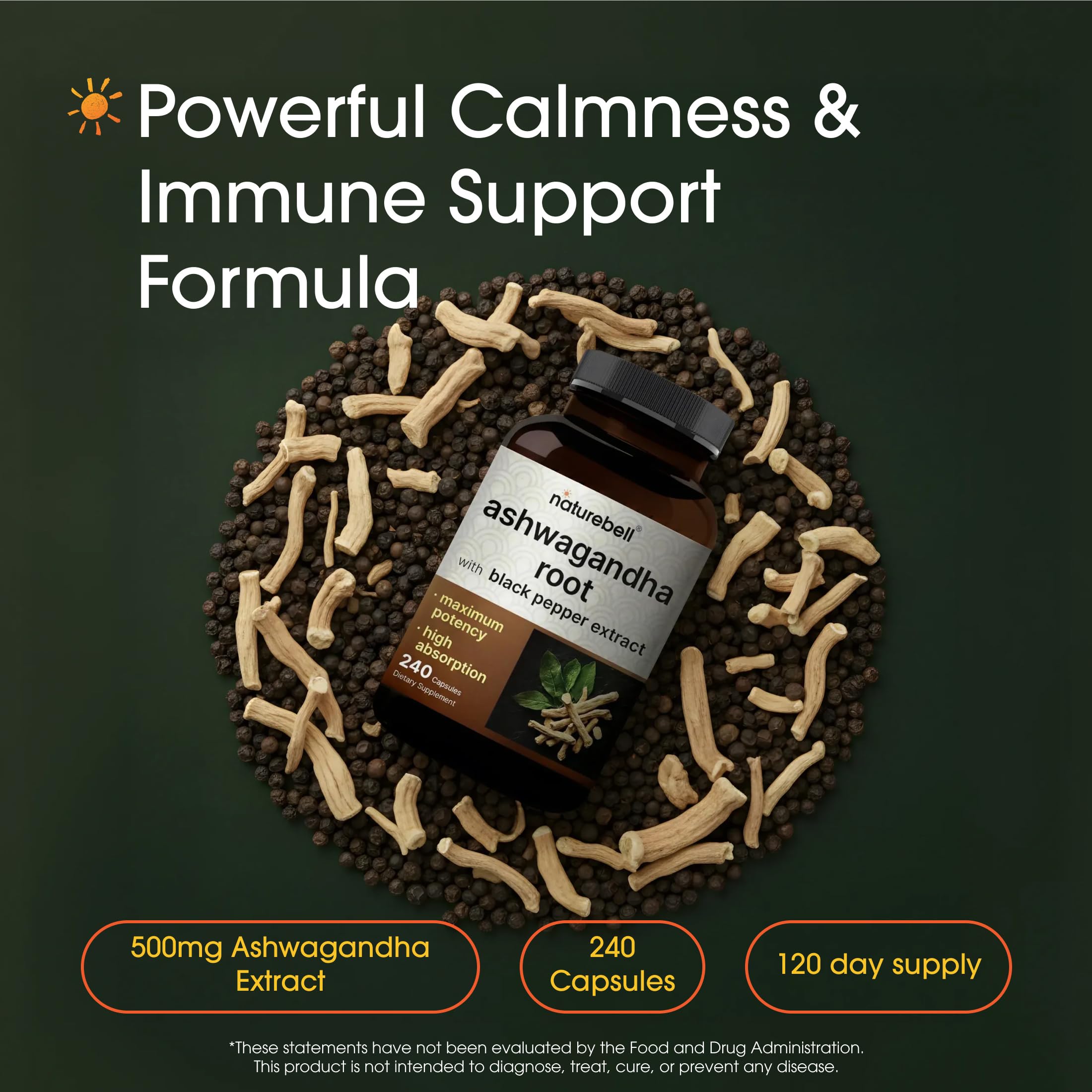 NatureBell Ashwagandha root capsules close-up for daily wellness.