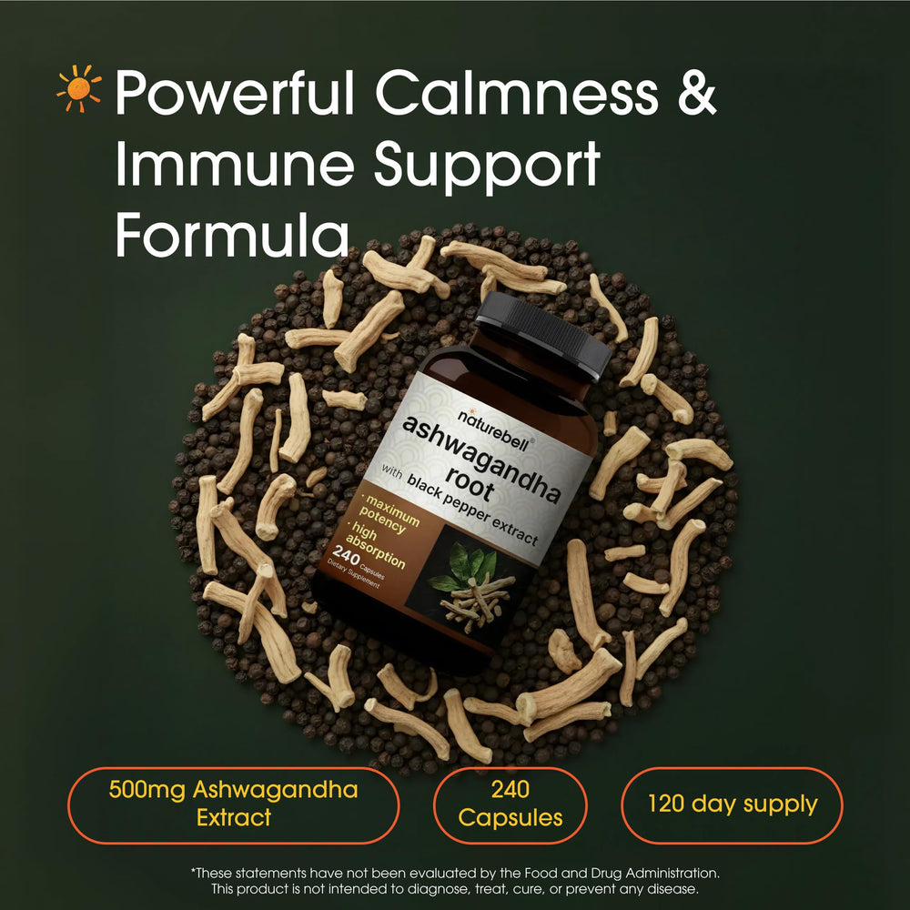 NatureBell Ashwagandha root capsules close-up for daily wellness.