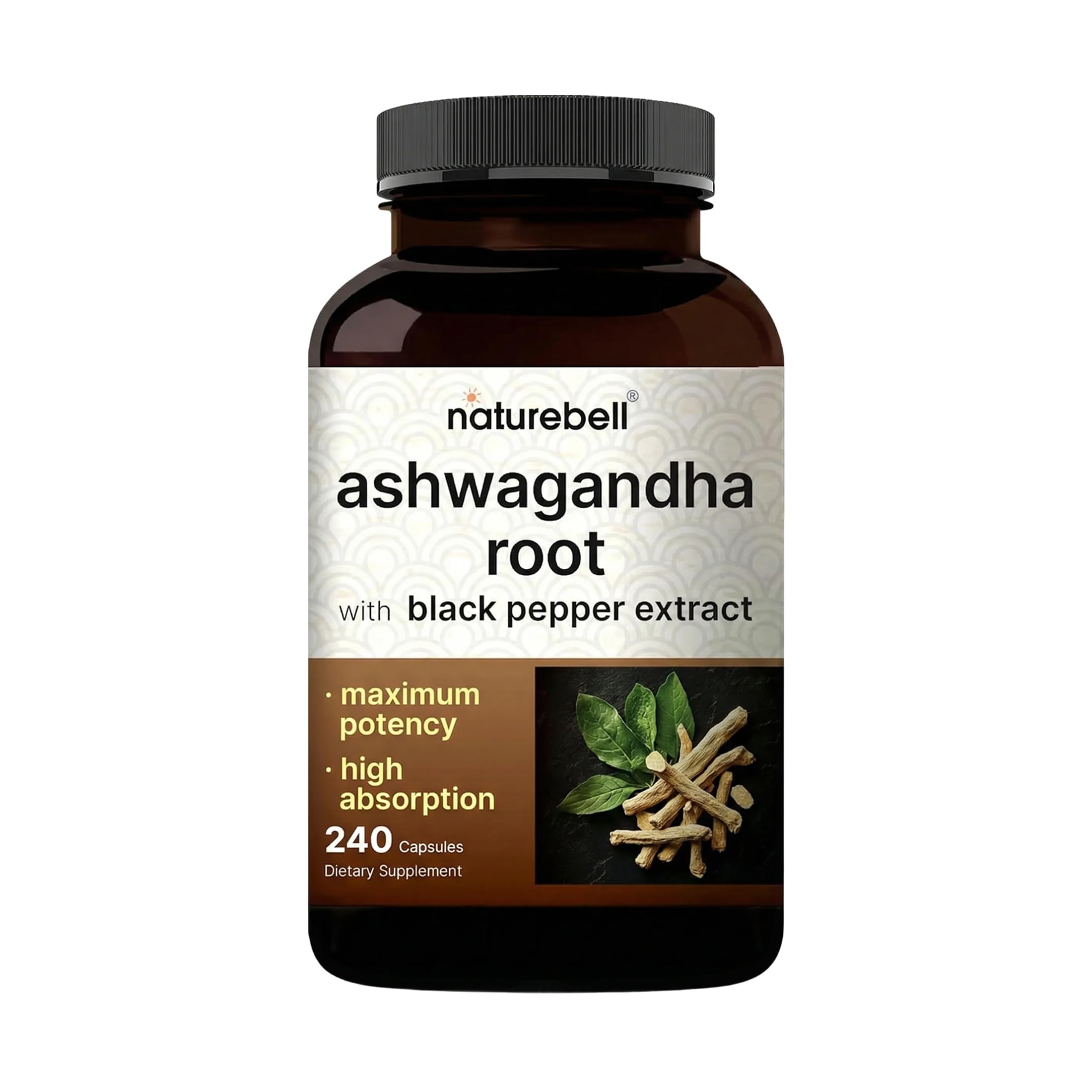 NatureBell Ashwagandha capsules bottle close-up for calmness support.