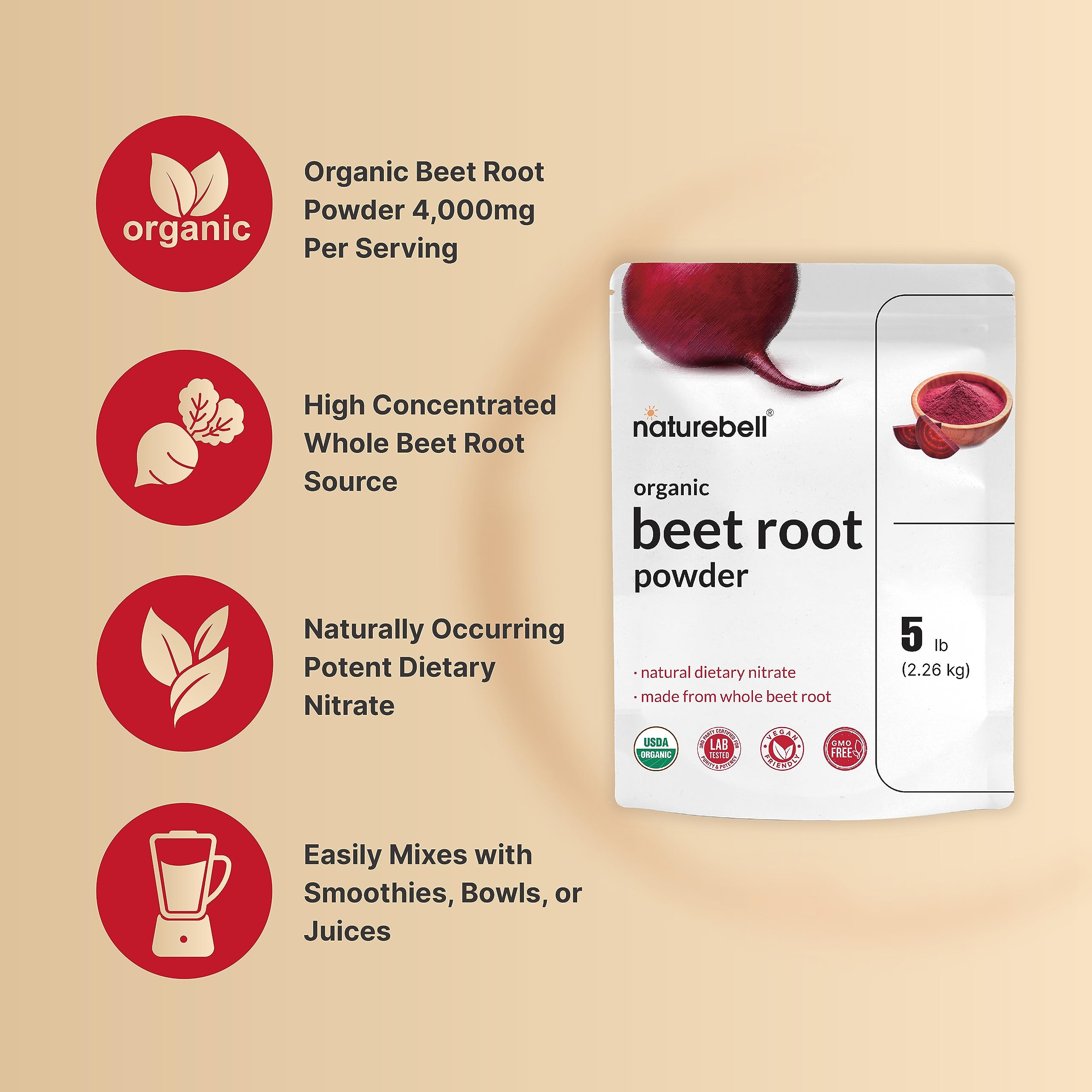 NatureBell beet root powder serving scoop demonstrates convenient daily serving size.