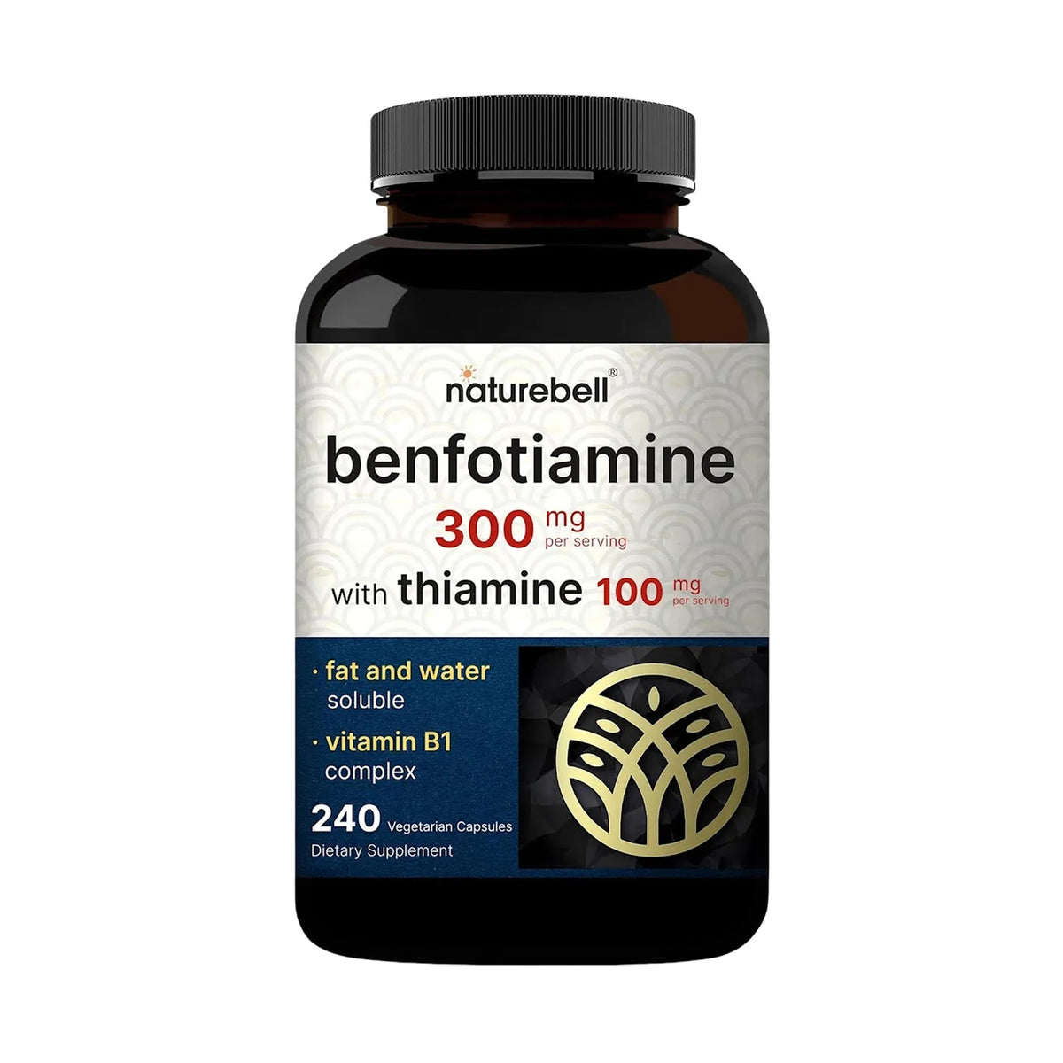 NatureBell Benfotiamine bottle label close-up highlighting the B1 formula