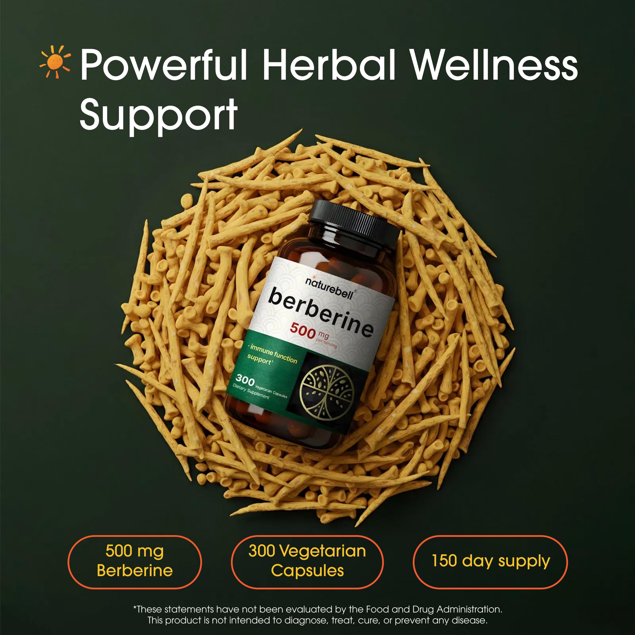 Close-up of NatureBell Berberine capsules, easy-to-swallow daily supplement.