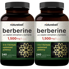 NatureBell Berberine supplement bottle with two-pack display may support balanced sugar levels.