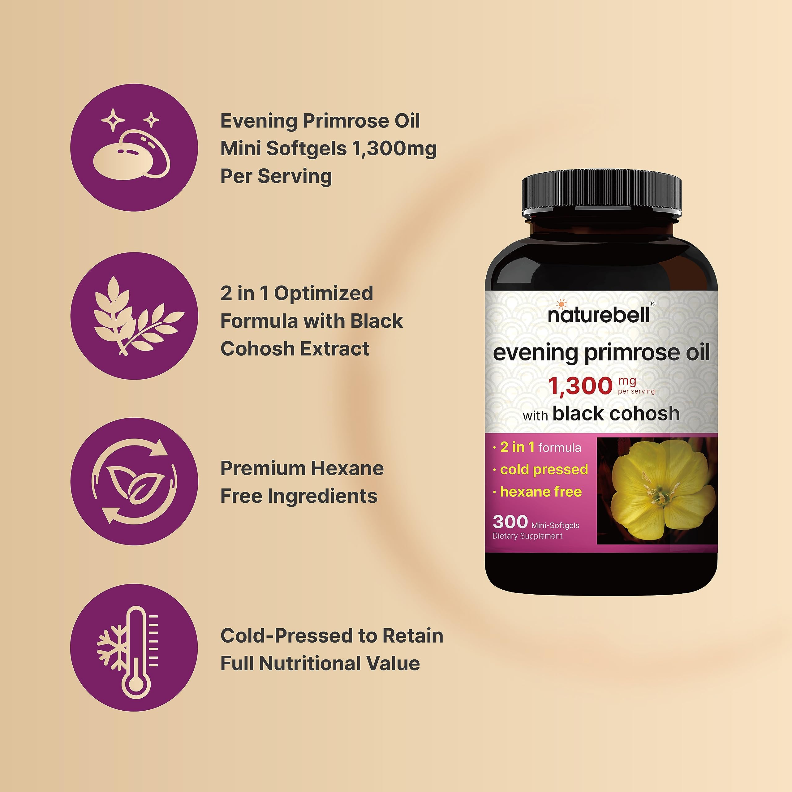 NatureBell black cohosh extract capsules paired with evening primrose oil for hormonal balance support.