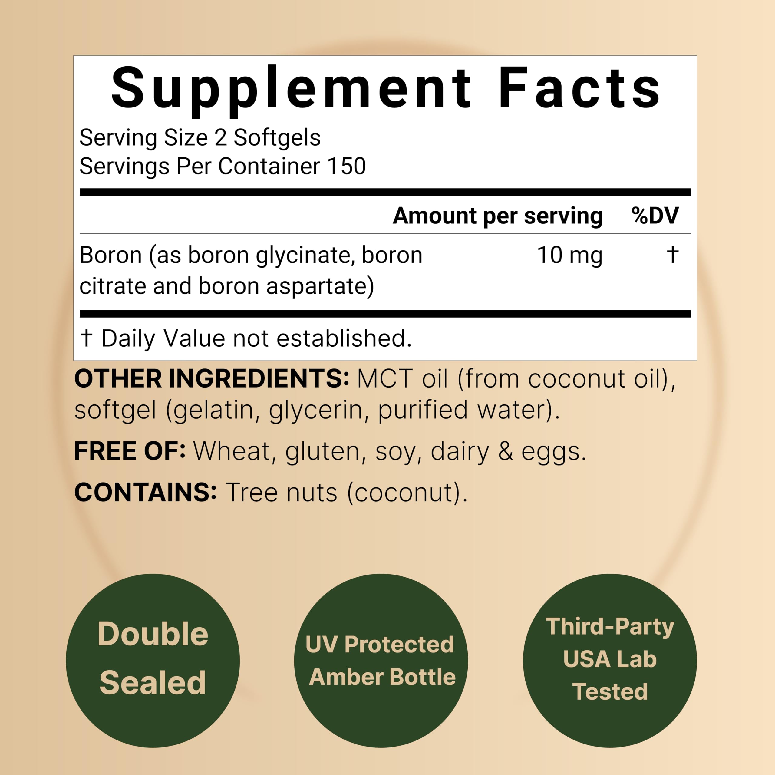 NatureBell Boron 10mg bottle label highlights per-serving amount and MCT oil.