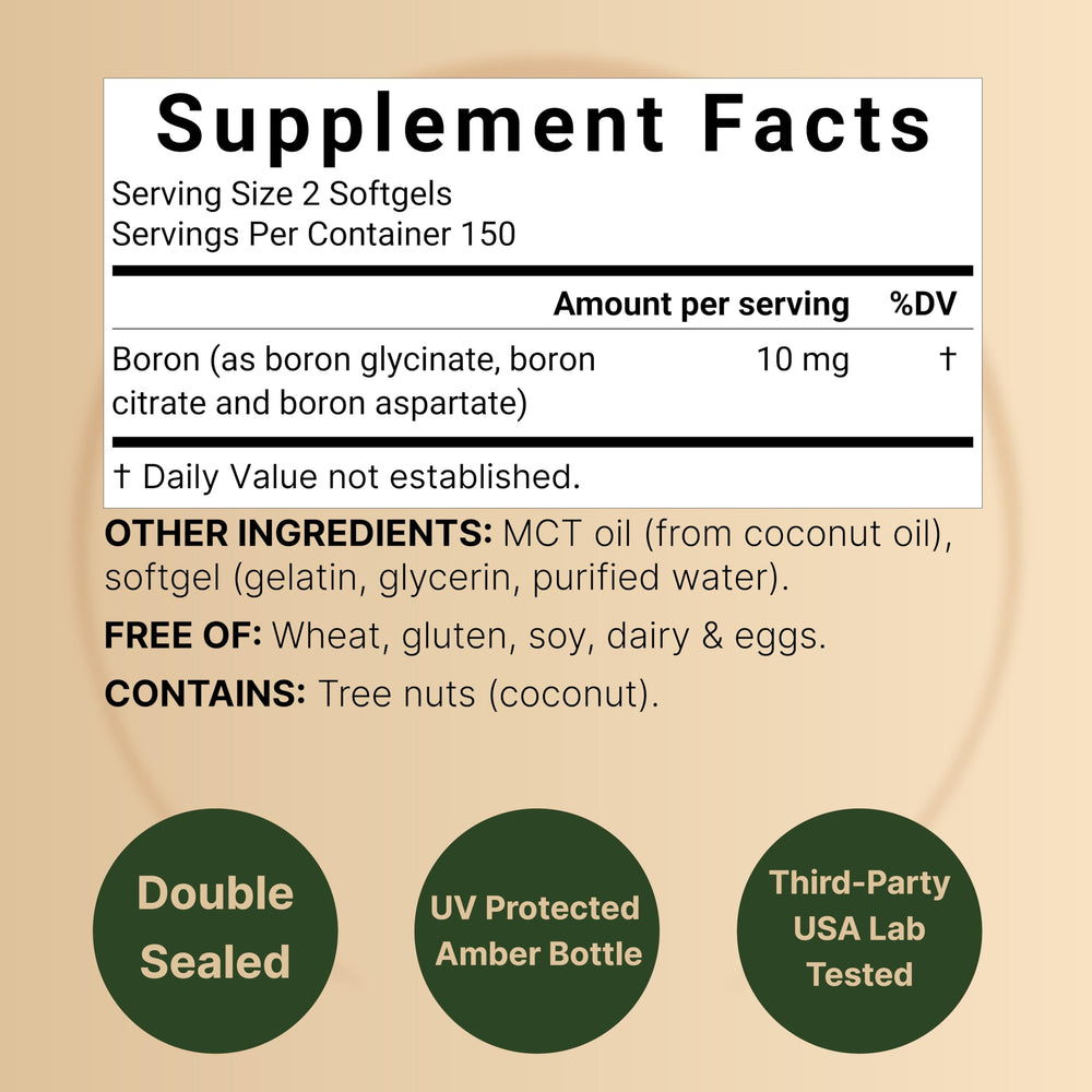 NatureBell Boron 10mg bottle label highlights per-serving amount and MCT oil.