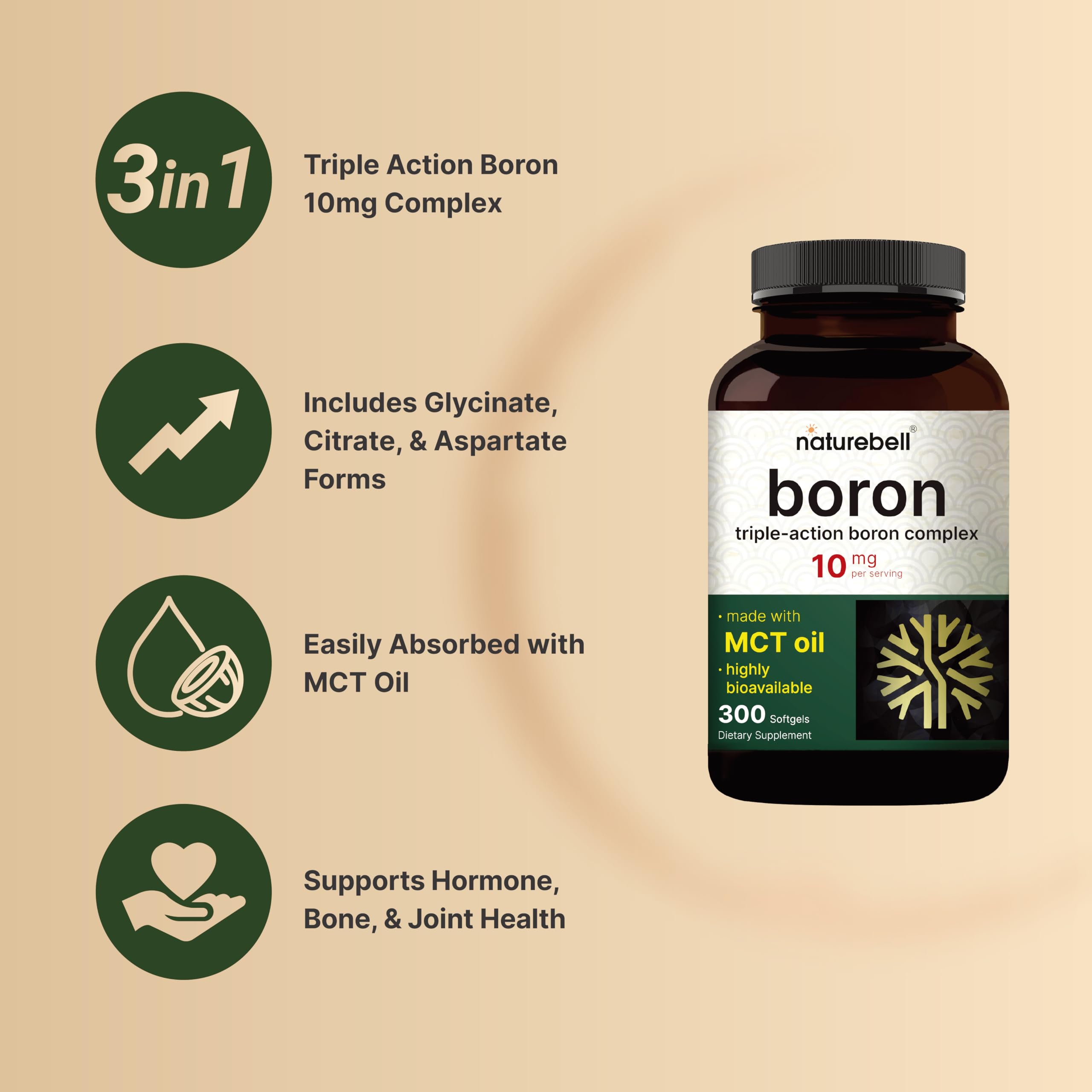 NatureBell boron softgels in bottle showcase coconut-derived MCT oil for absorption.