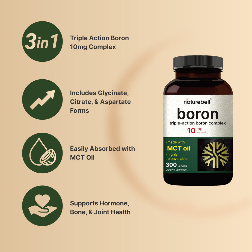 NatureBell boron softgels in bottle showcase coconut-derived MCT oil for absorption.