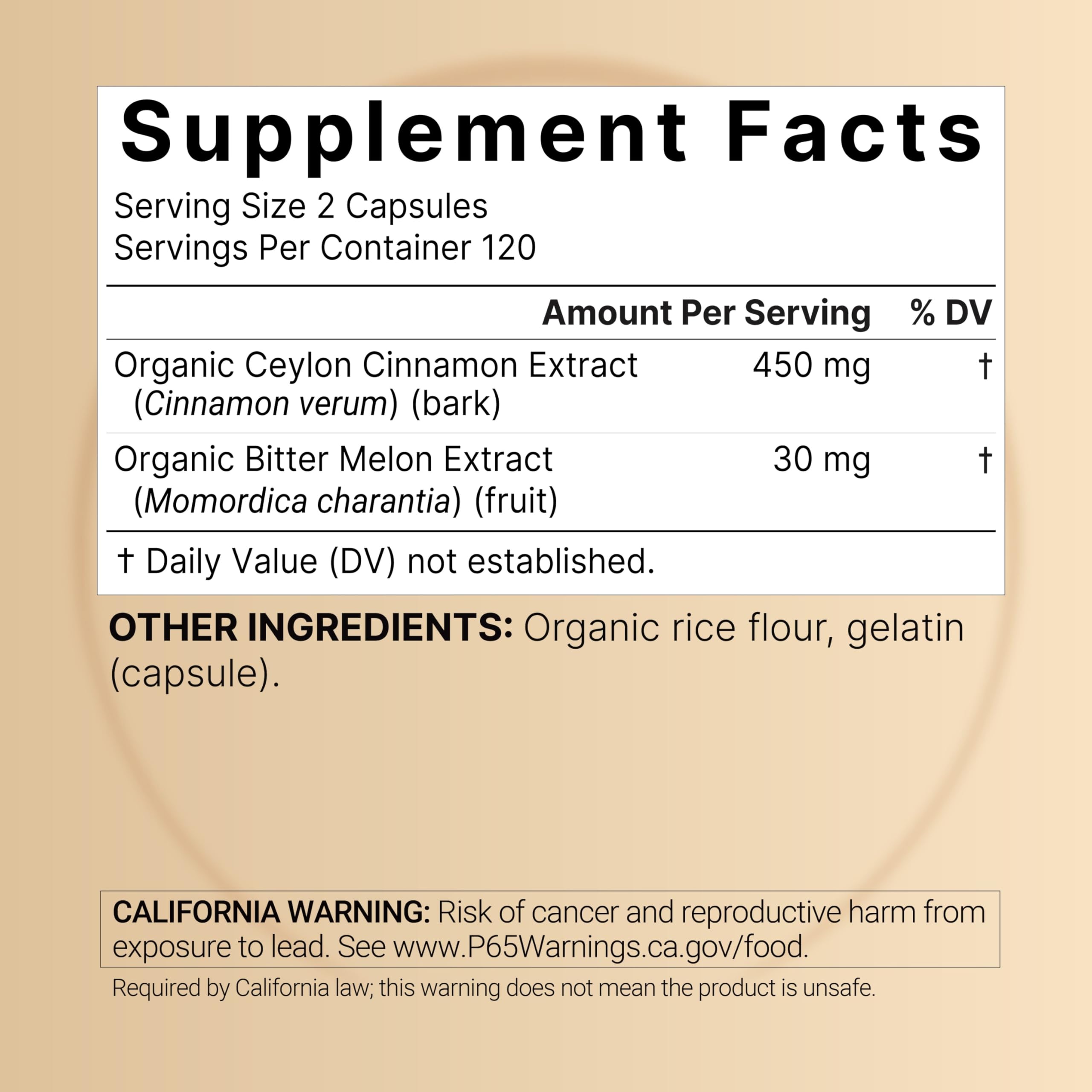 NatureBell capsules close-up showing two-in-one cinnamon and bitter melon formula.
