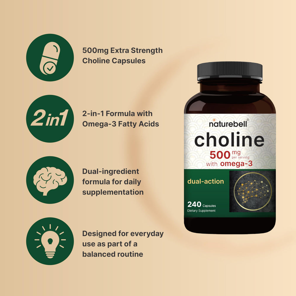 NatureBell Choline Omega-3 bottle front view for convenient daily use.
