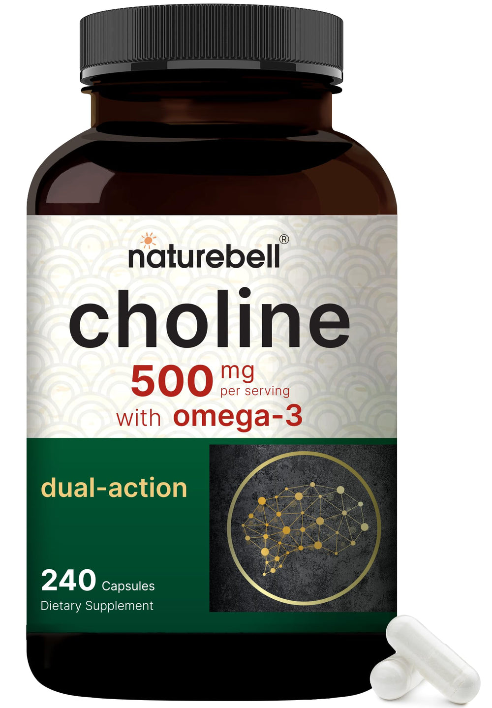 NatureBell Choline Omega-3 bottle pour for easy daily supplementation.