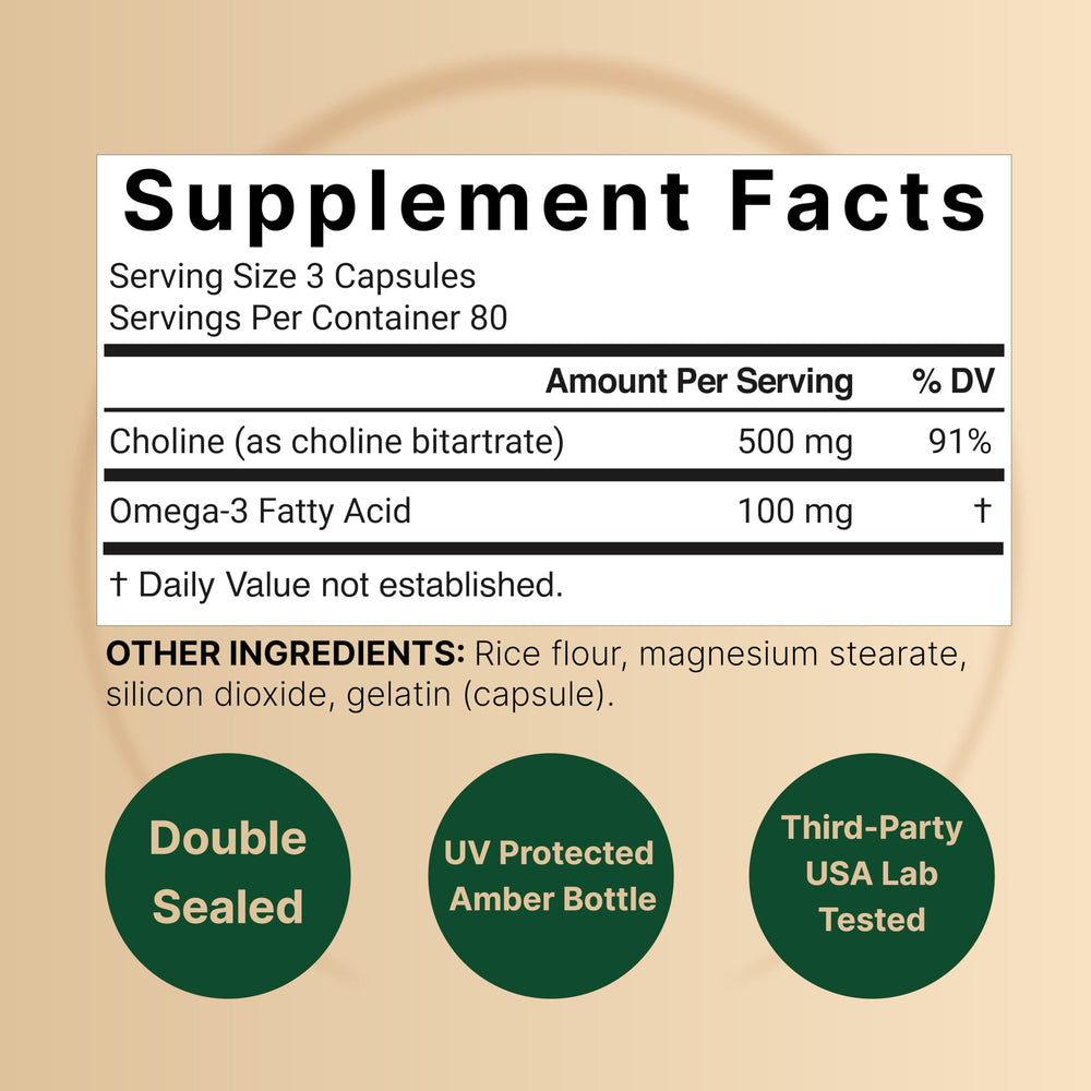 NatureBell Choline Omega-3 capsules close-up showing easy-to-swallow softgels.