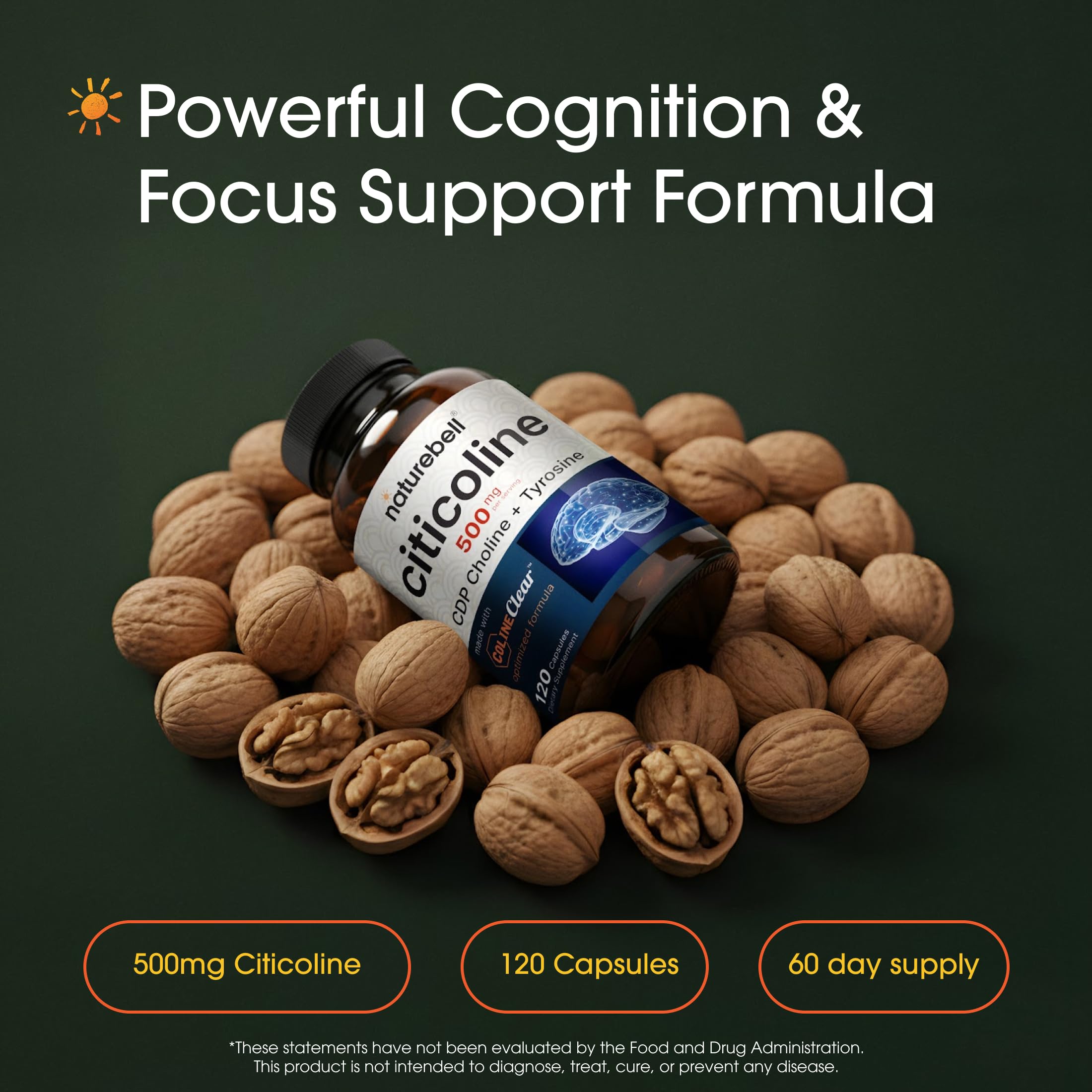 NatureBell Citicoline 500mg bottle back label with ingredients and usage.