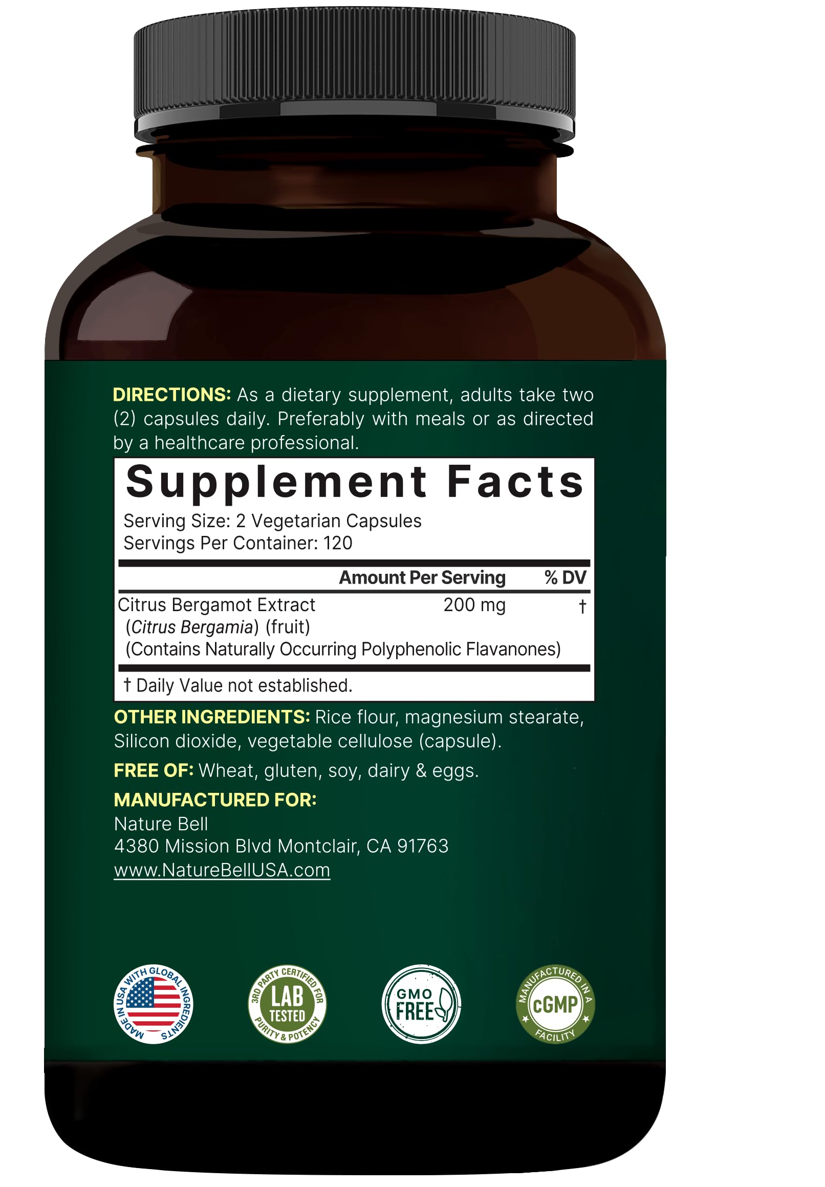 NatureBell Citrus Bergamot non-GMO badge signals transparent sourcing.