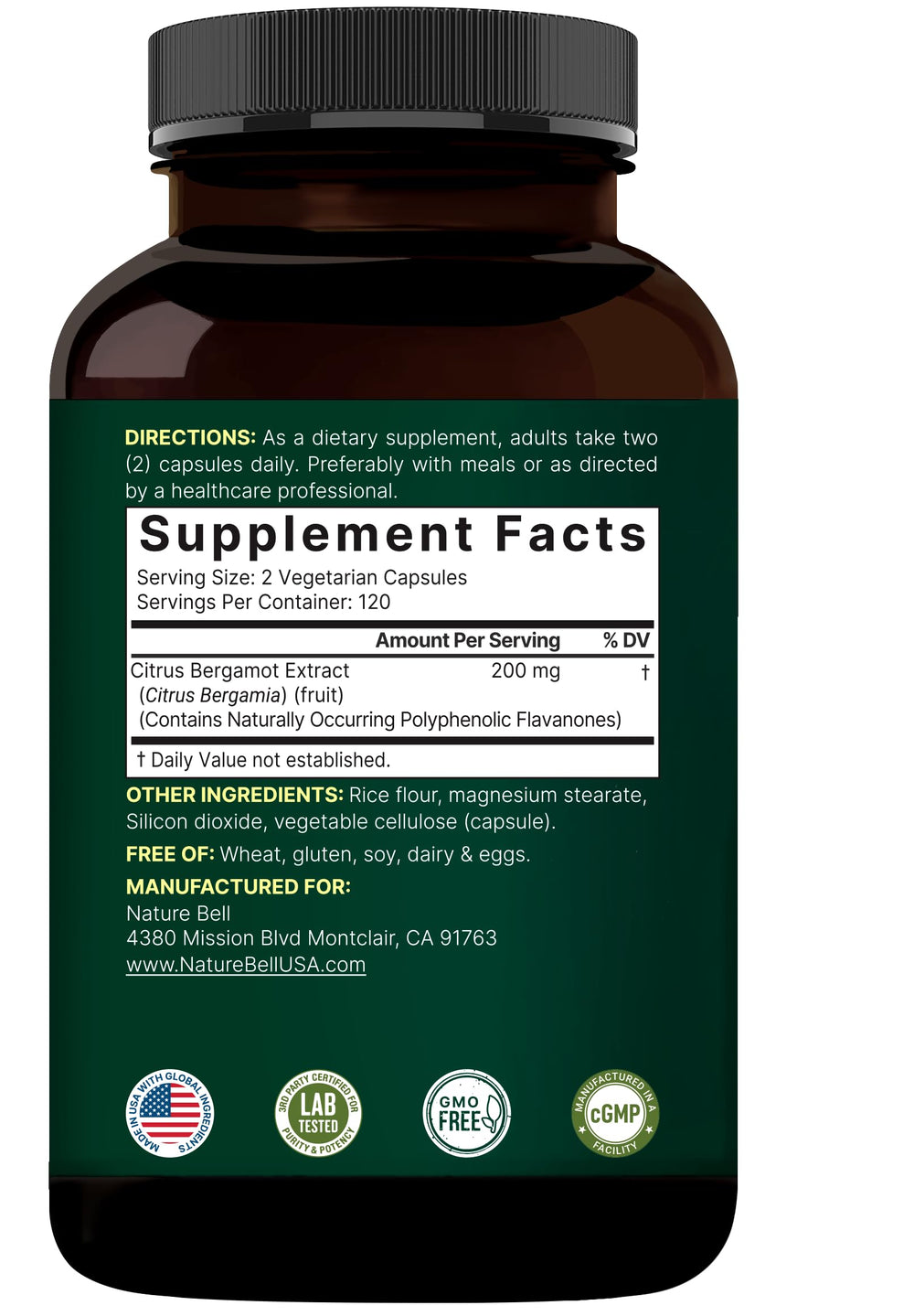 NatureBell Citrus Bergamot non-GMO badge signals transparent sourcing.