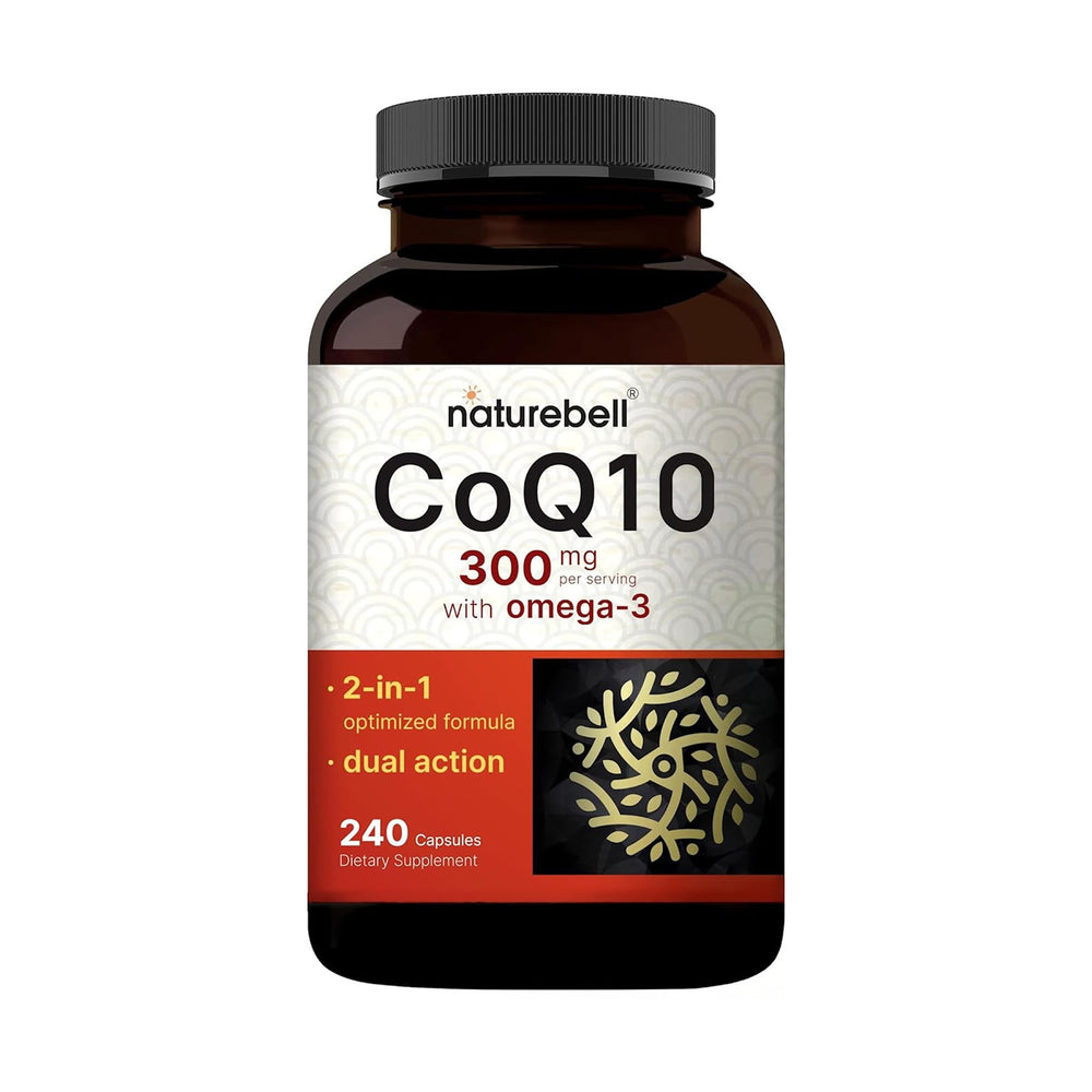 NatureBell CoQ10 300mg bottle on a clean counter supports heart health and daily energy.