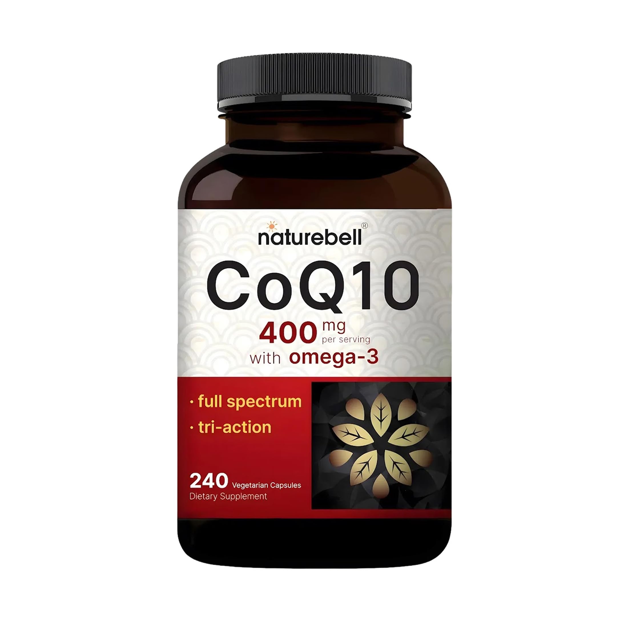NatureBell CoQ10 400mg Omega-3 bottle on desk, supports heart health and energy