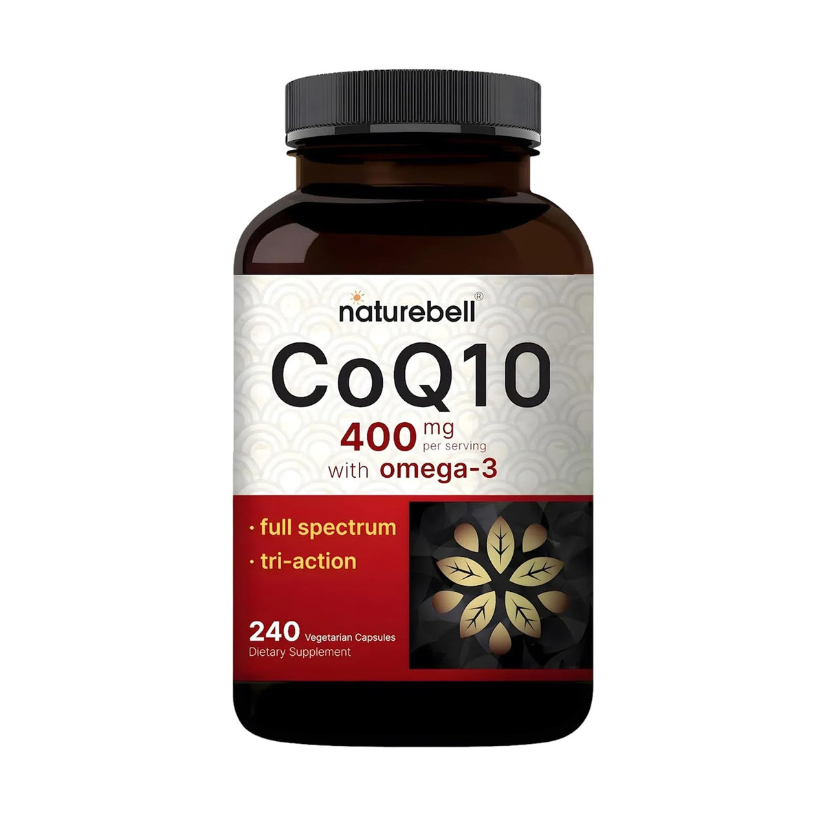 NatureBell CoQ10 400mg Omega-3 bottle on desk, supports heart health and energy