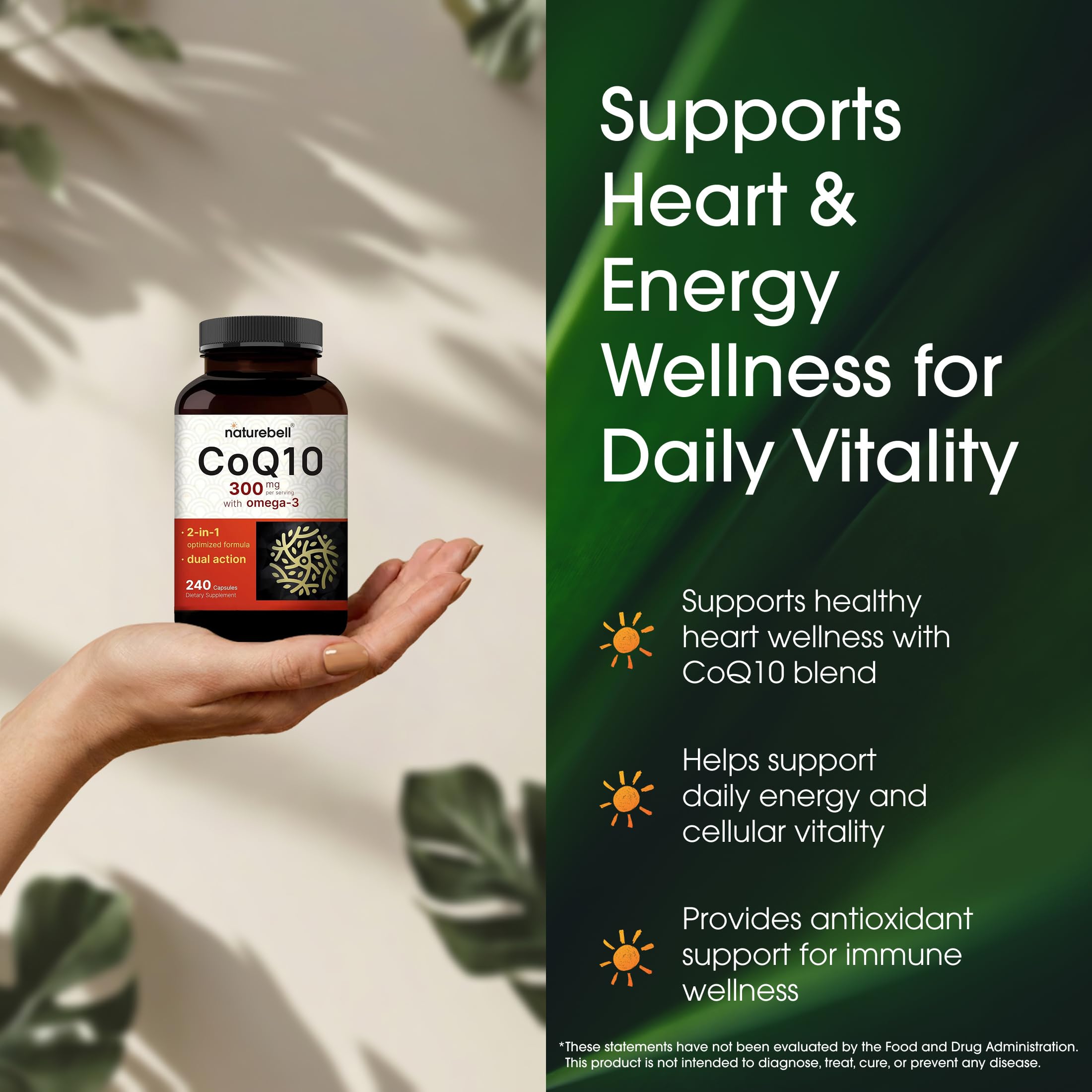 NatureBell CoQ10 bottle on table for daily use and easy swallowing.