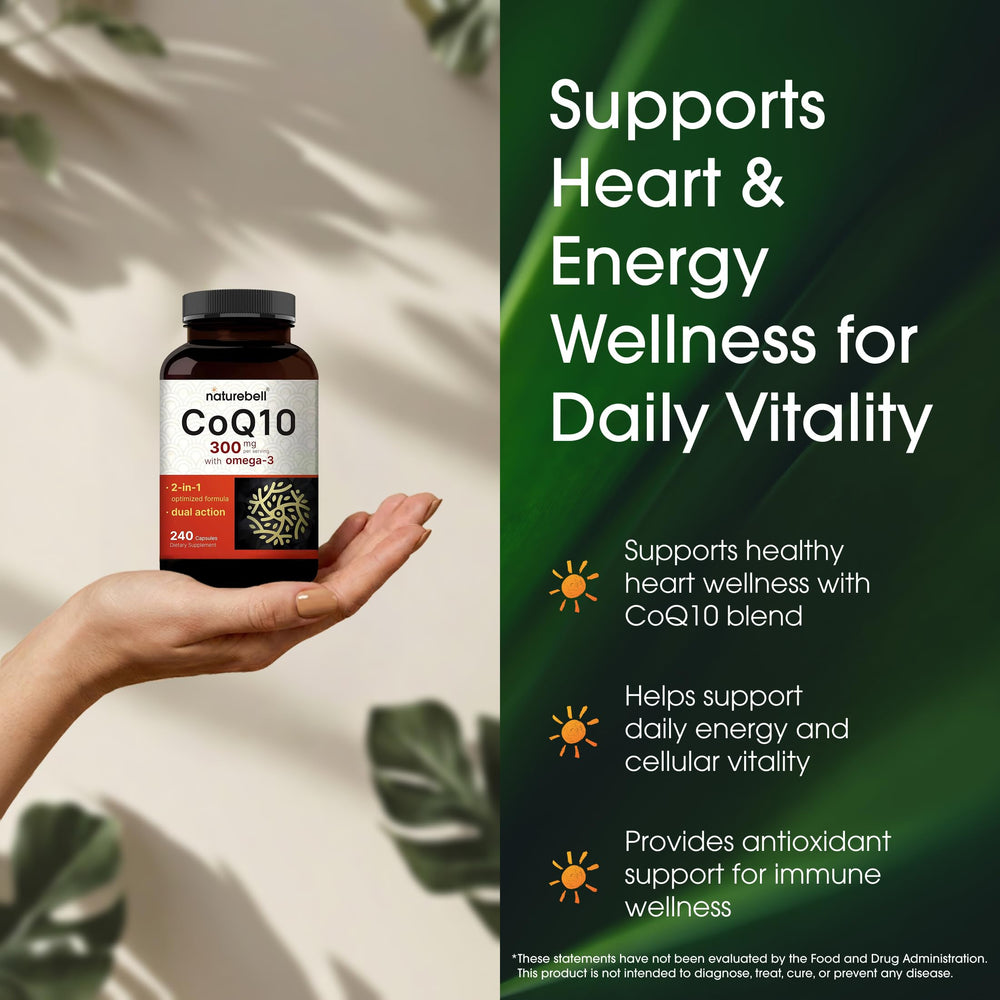 NatureBell CoQ10 bottle on table for daily use and easy swallowing.