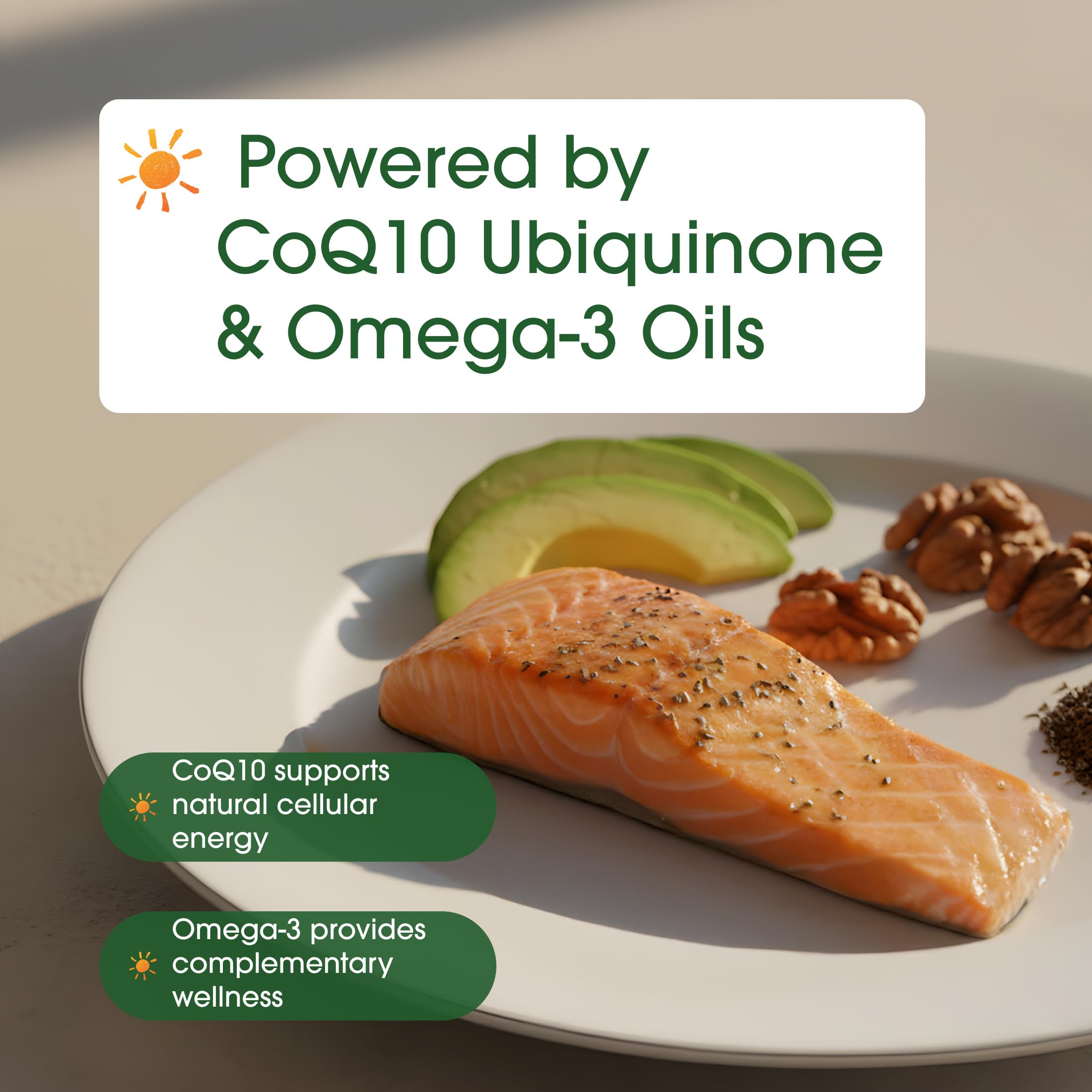 NatureBell CoQ10 capsules being poured for a daily routine.
