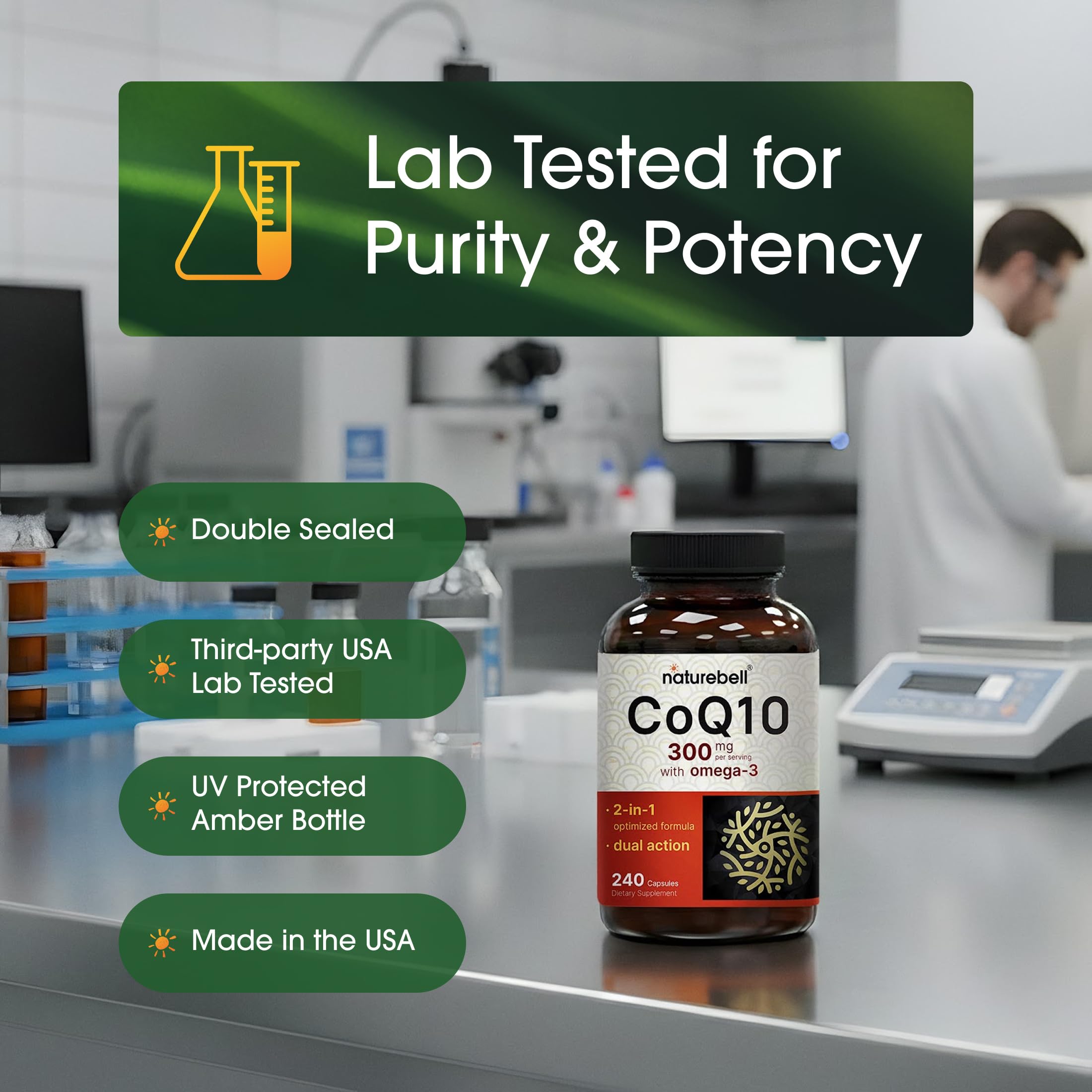 NatureBell CoQ10 daily-use packaging on shelf for long-lasting supply.