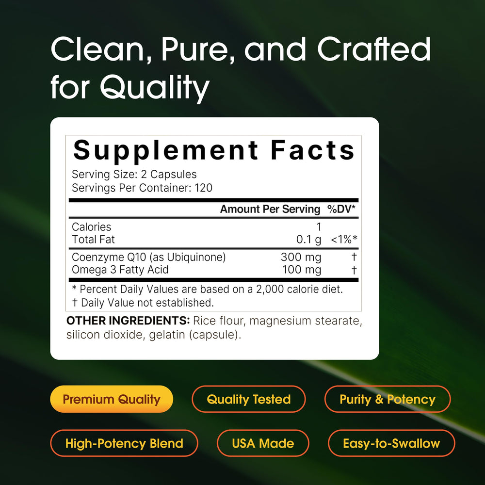 NatureBell CoQ10 label close-up with ubiquinone and omega-3 details.