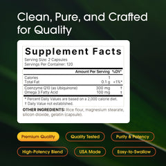 NatureBell CoQ10 label close-up with ubiquinone and omega-3 details.