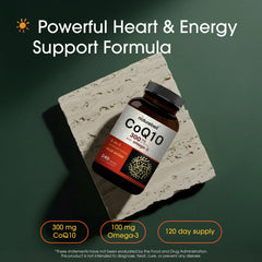 NatureBell CoQ10 omega-3 capsules close-up for energy support and antioxidant benefits.
