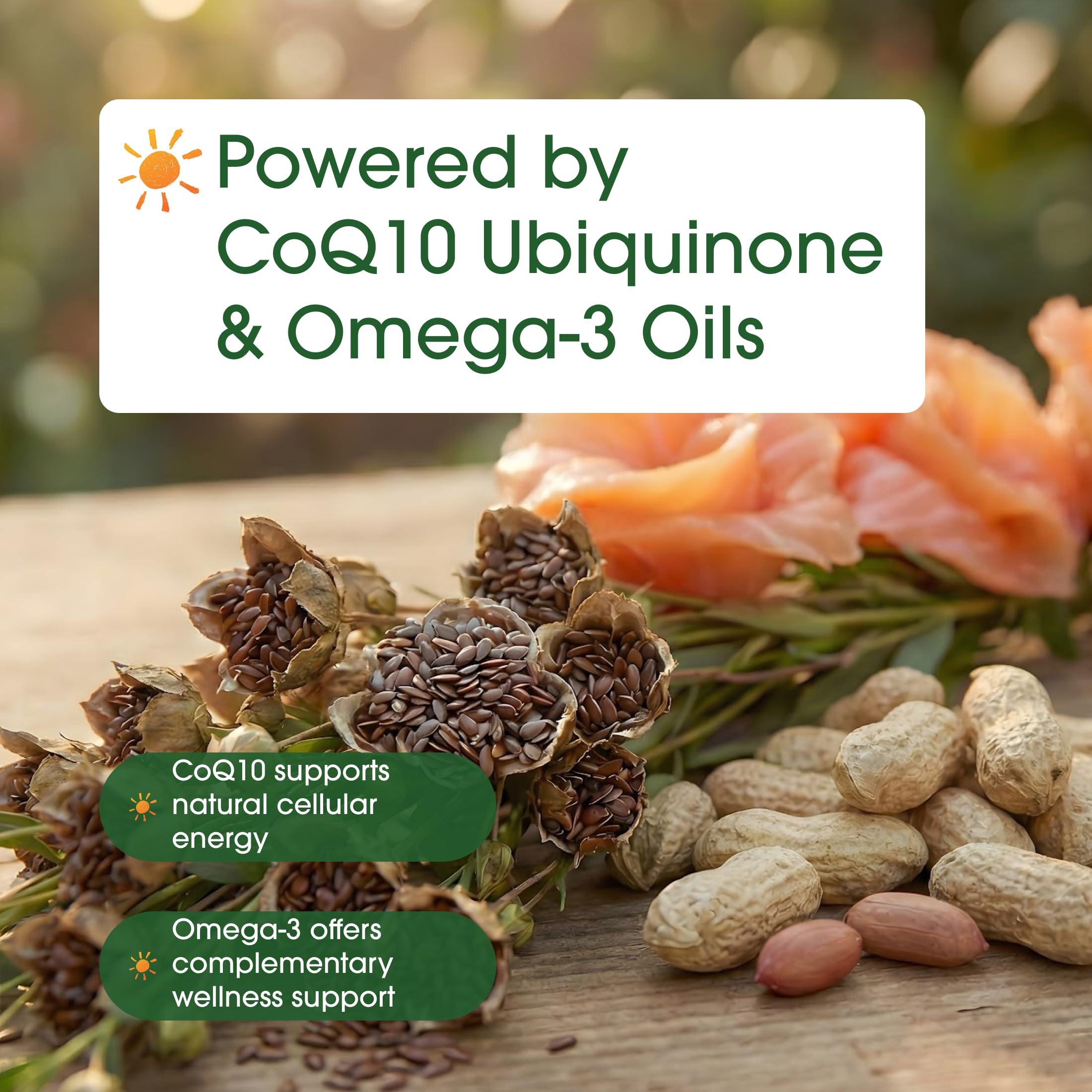 NatureBell Omega-3 health graphic suggesting antioxidant and energy support