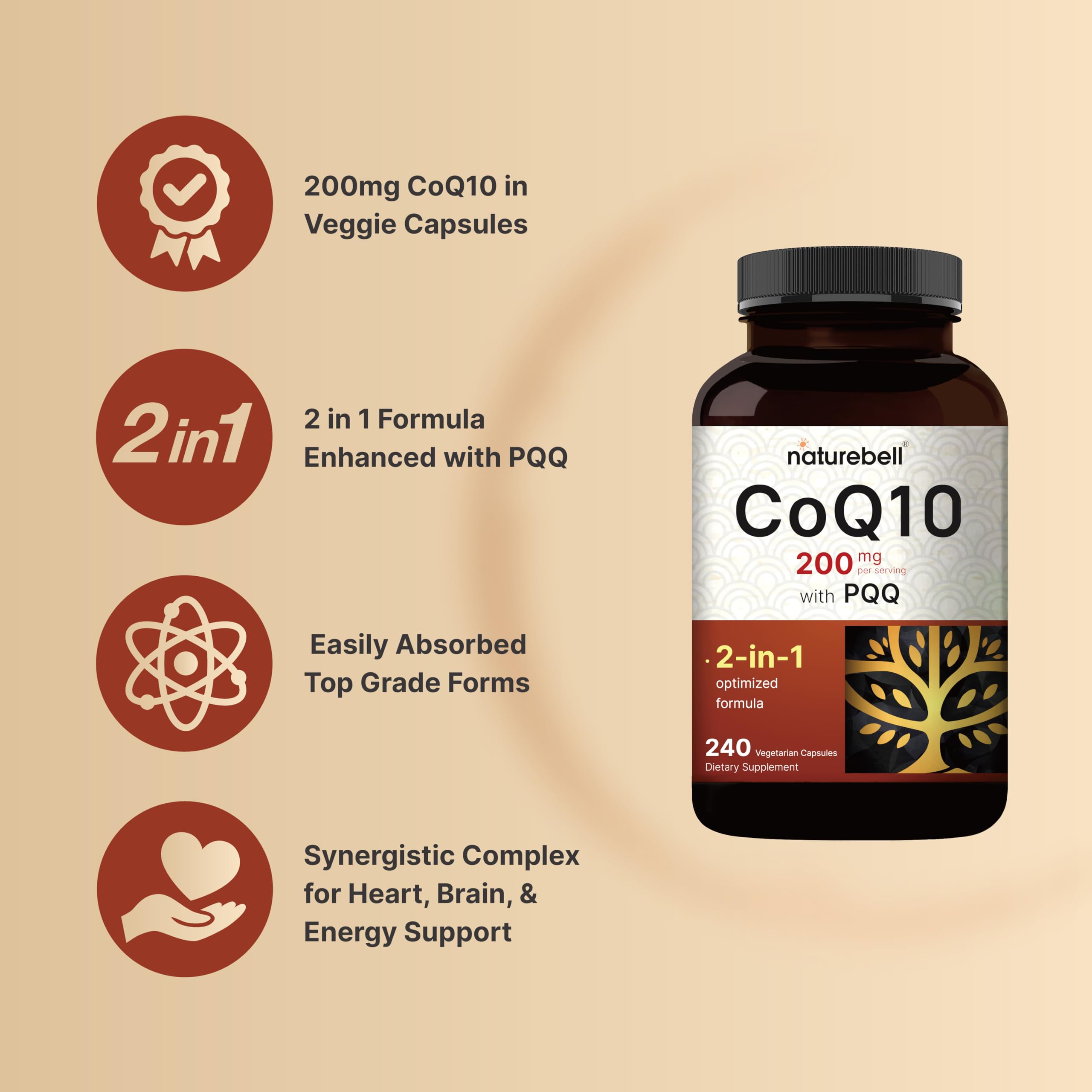 Close-up of NatureBell CoQ10 with PQQ label highlighting high absorption formula.