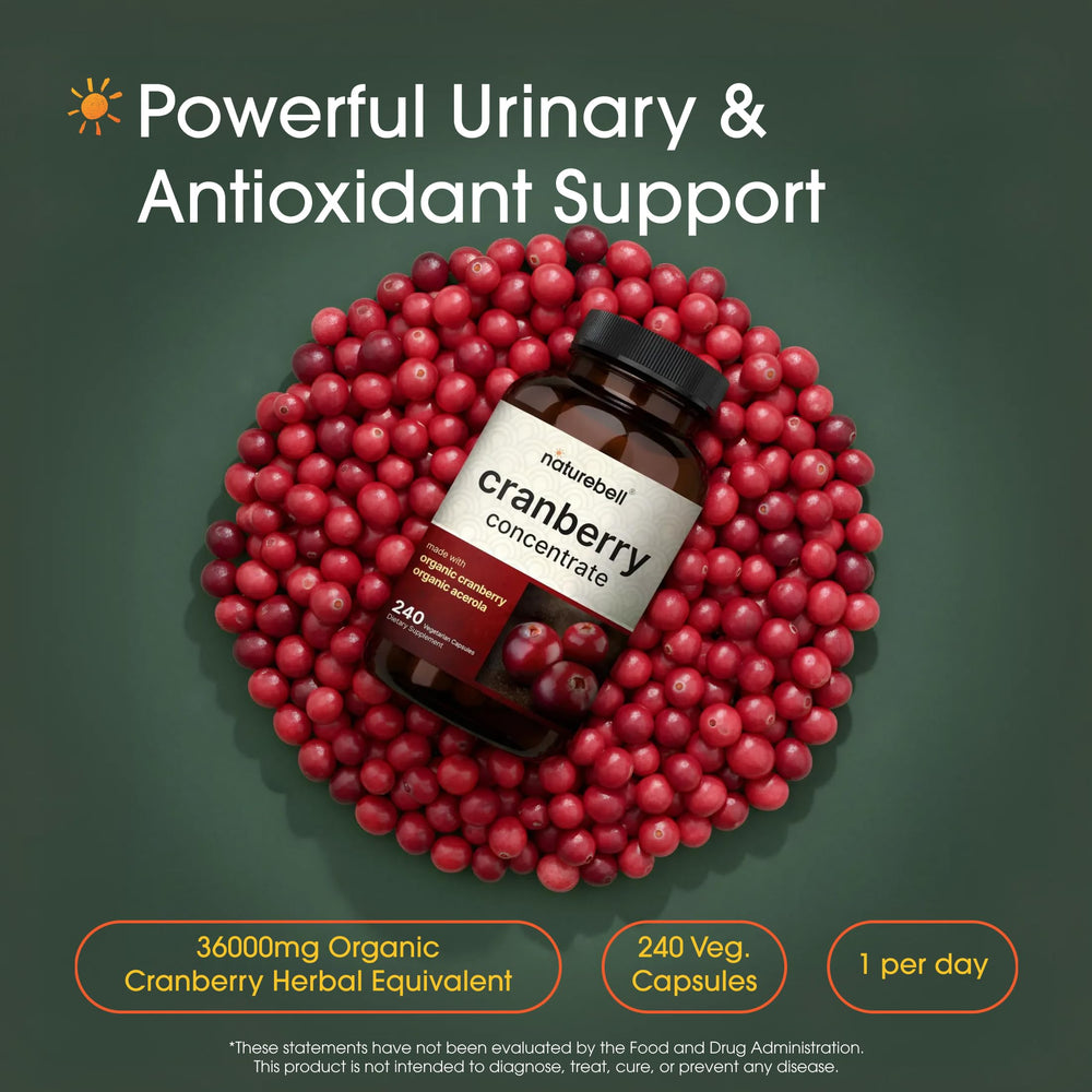 NatureBell Cranberry Concentrate bottle label close-up highlighting ingredients and potency