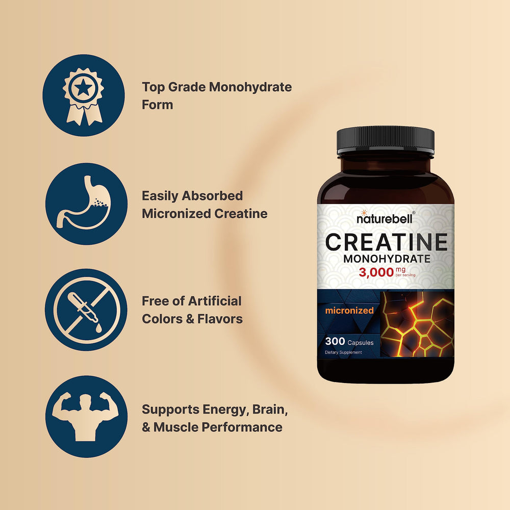 NatureBell Creatine monohydrate bottle with serving highlighting 3,000 mg per dose for training intensity.
