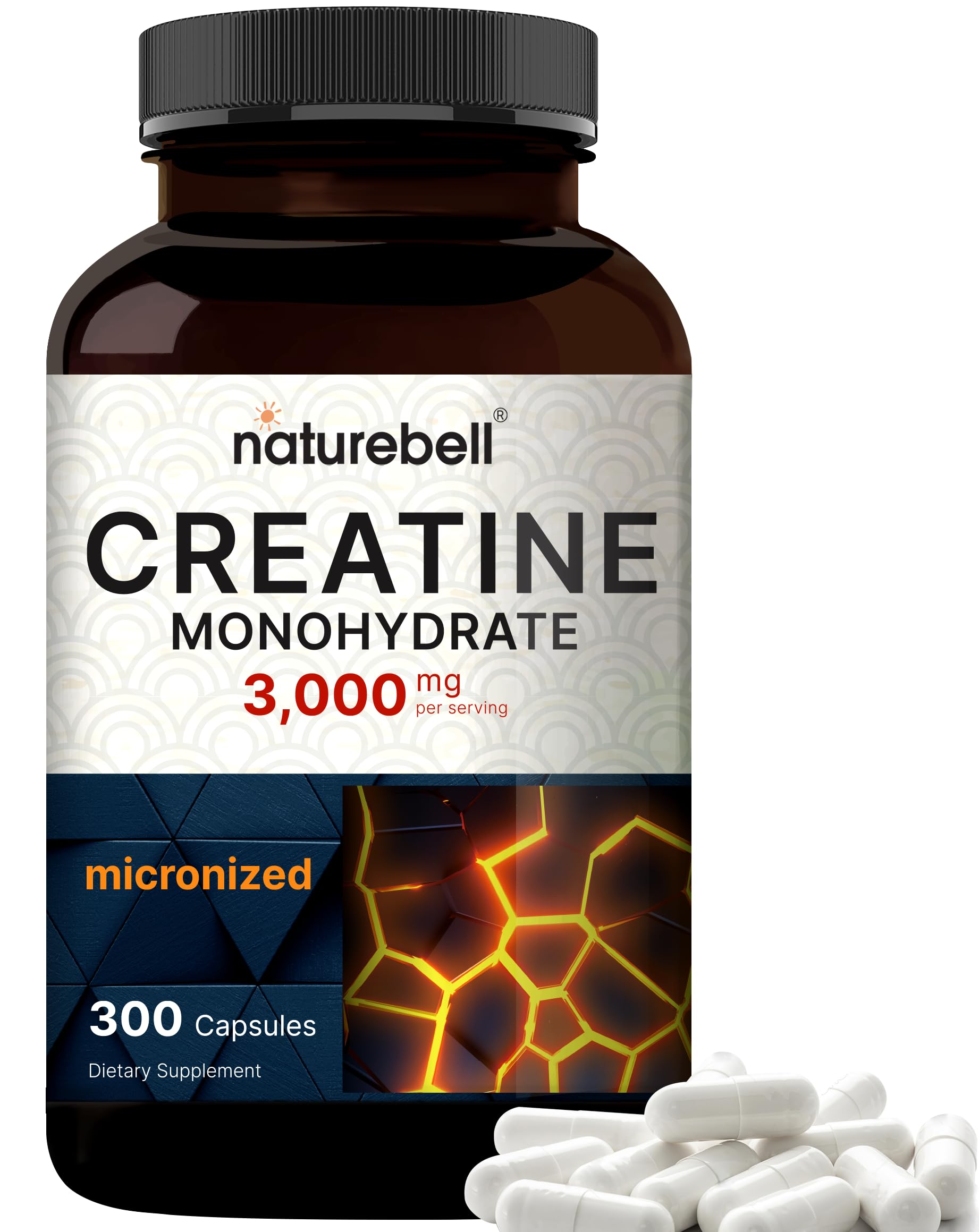 NatureBell Creatine capsules bottle front, a convenient workout companion for energy and strength.