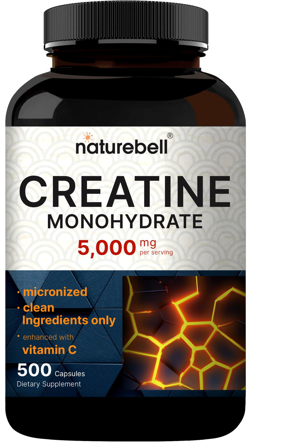 NatureBell Creatine Monohydrate capsules in bottle support daily workout energy.