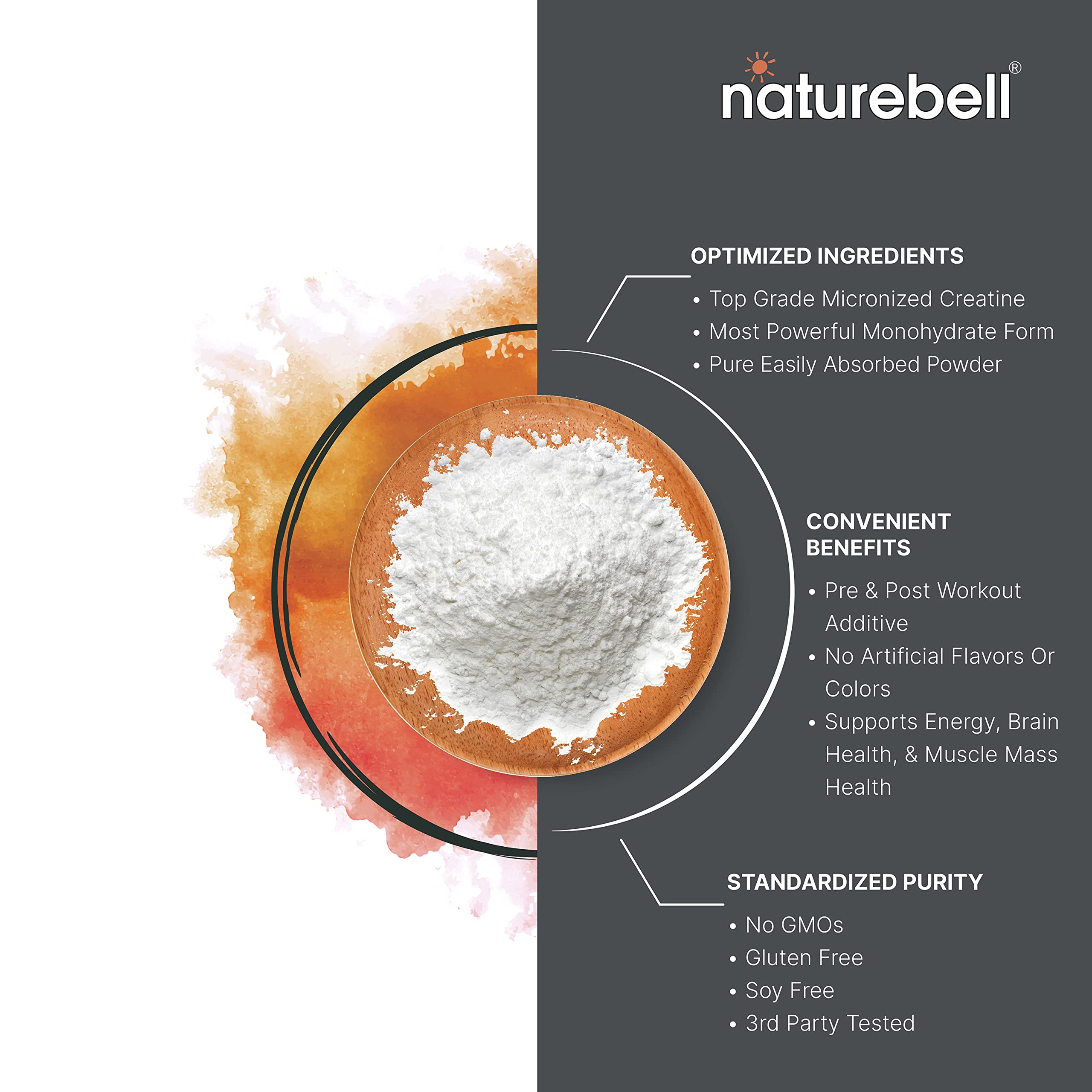NatureBell creatine powder pour-friendly packaging simplifies quick dosing.