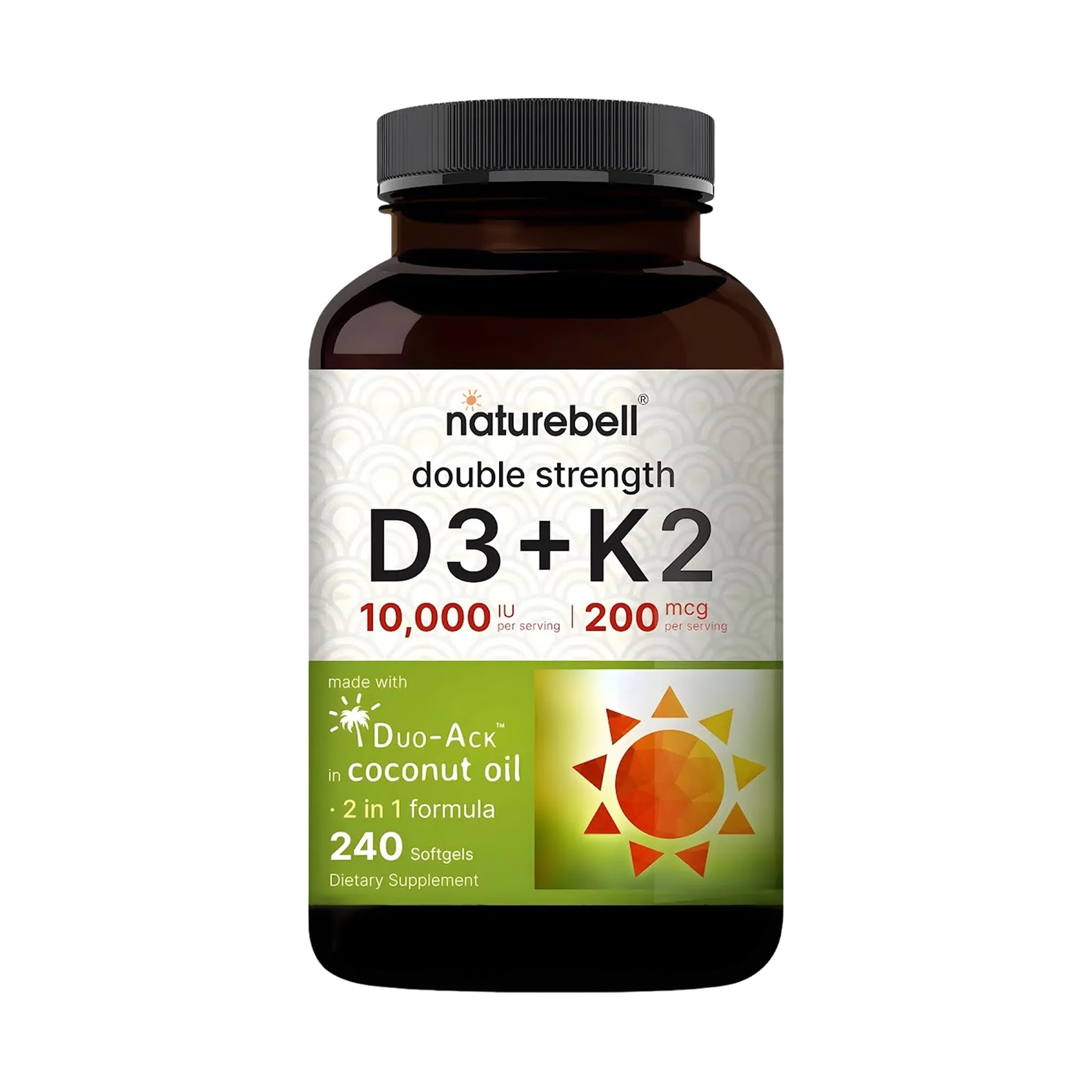 NatureBell D3 + K2 softgels bottle promotes bone health and immune support.