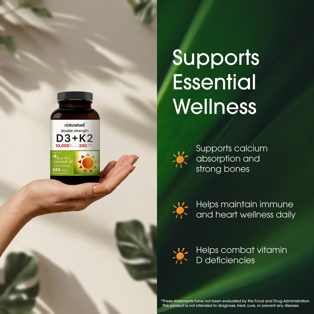 Close-up of D3 + K2 capsules aiding calcium uptake.